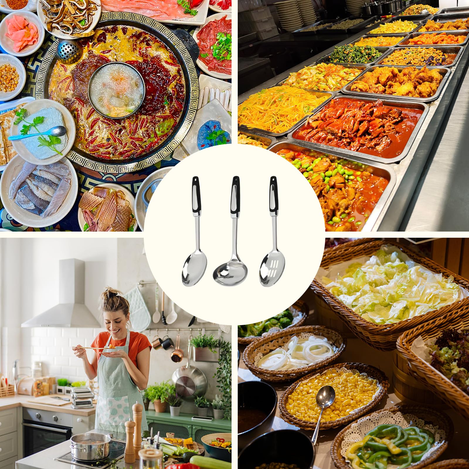 Set di 3 Cucchiai da Cucina in Acciaio Inox, Utensili da Cucina con Manico Ergonomico, Include Mestolo, Cucchiaio Solido e Schiumarola per Cottura e Servizio, Casa e Ristorante