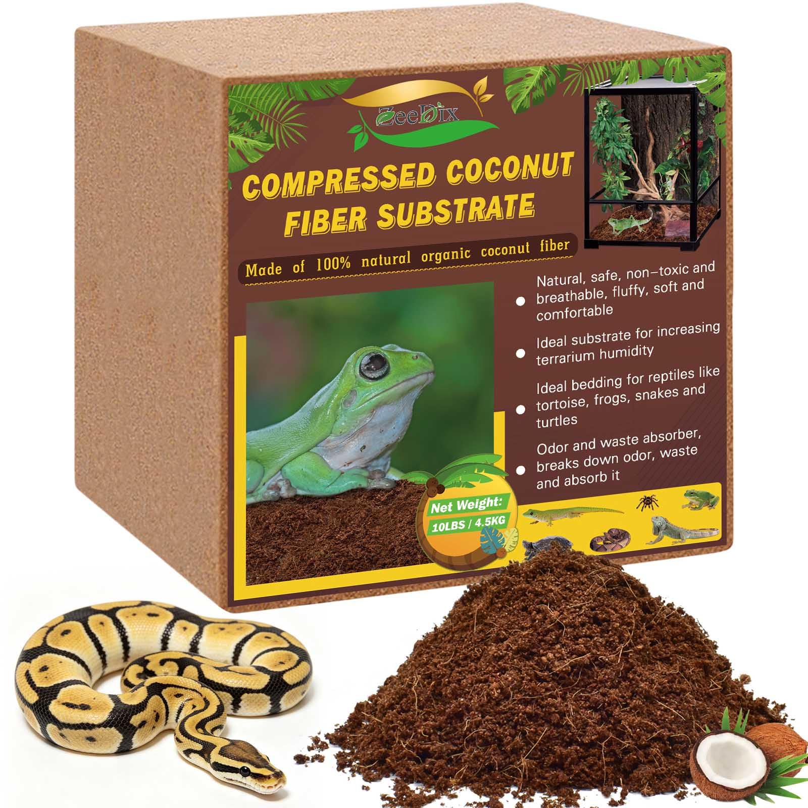 ZeeDix Sustrato de fibra de coco comprimida de 4,5 kg, 100% fibra de coco orgánica, sustrato de cáscara de ladrillo para reptiles (1 pieza grande)