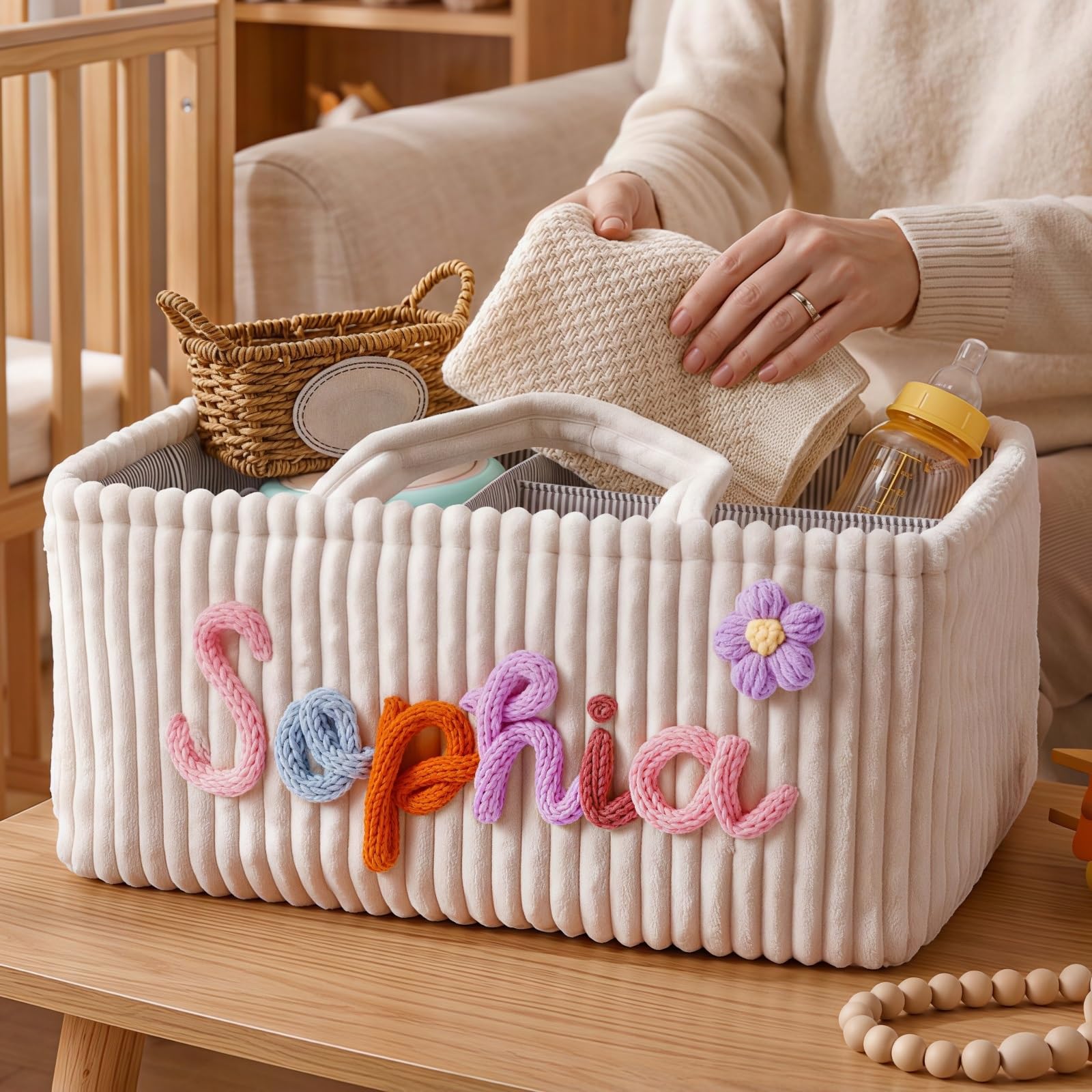 Personalized Corduroy Storage Basket Custom Name Laundry Hamper, Diaper Bin