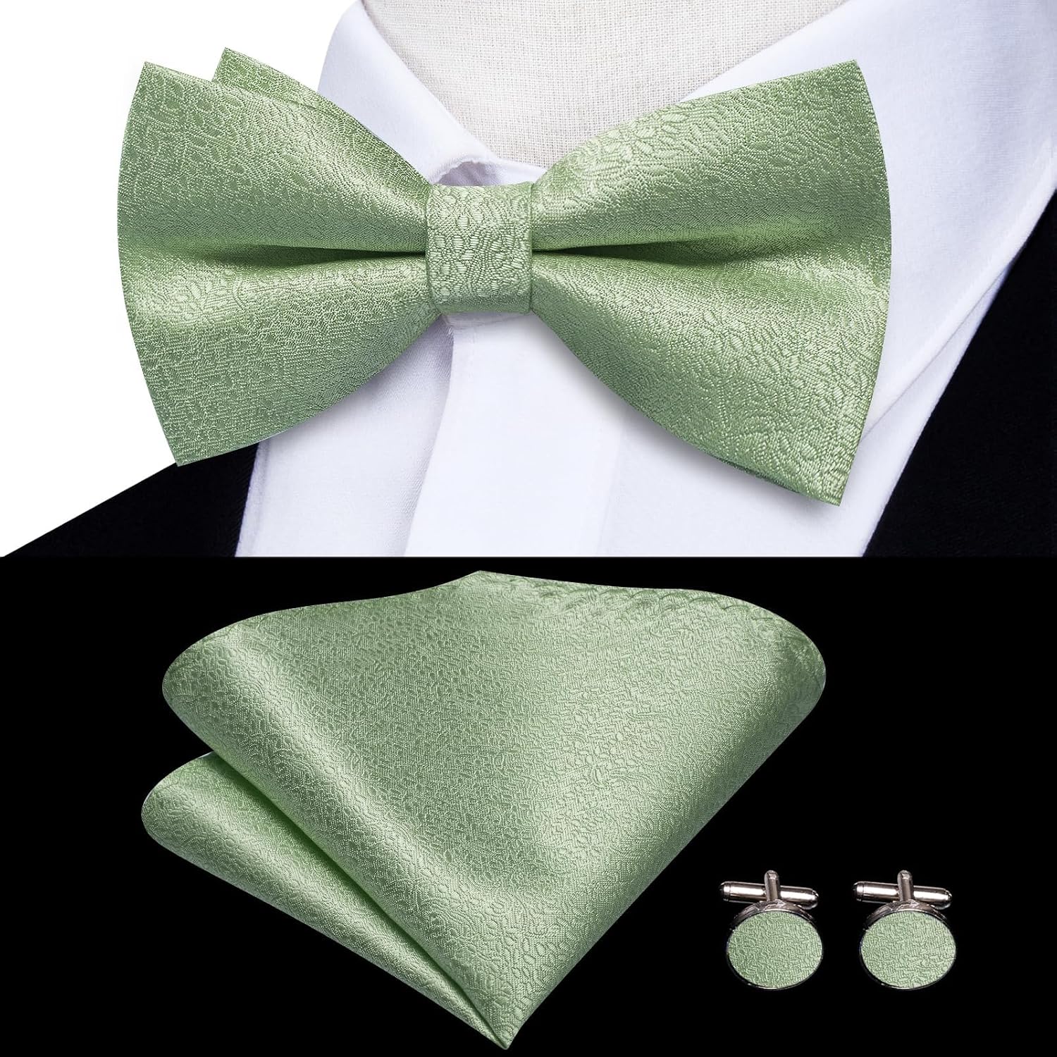 Hi-Tie Sage Green Mens Suspenders Bowtie Set Floral Suspenders Pre-tied Bow Tie Pocket Square Cufflinks Adjustable Y Shape 6 Clips Braces Tuxedo