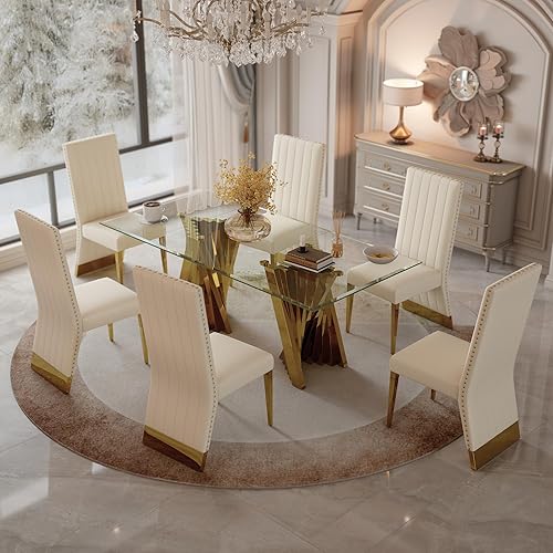 Miniatura 2 de Juego de mesa de comedor de 7 piezas, juego de mesa de comedor para 6, mesa de comedor de vidrio transparente con 6 sillas de comedor tapizadas de