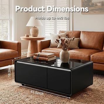LIVTAB Smart Coffee Table, 23 D x 41.5 W x 18.2 H, Living Room Table with Built in Fridge and Speakers, Smart Table with 15W Wireless Charging, USB Chargers (Black)