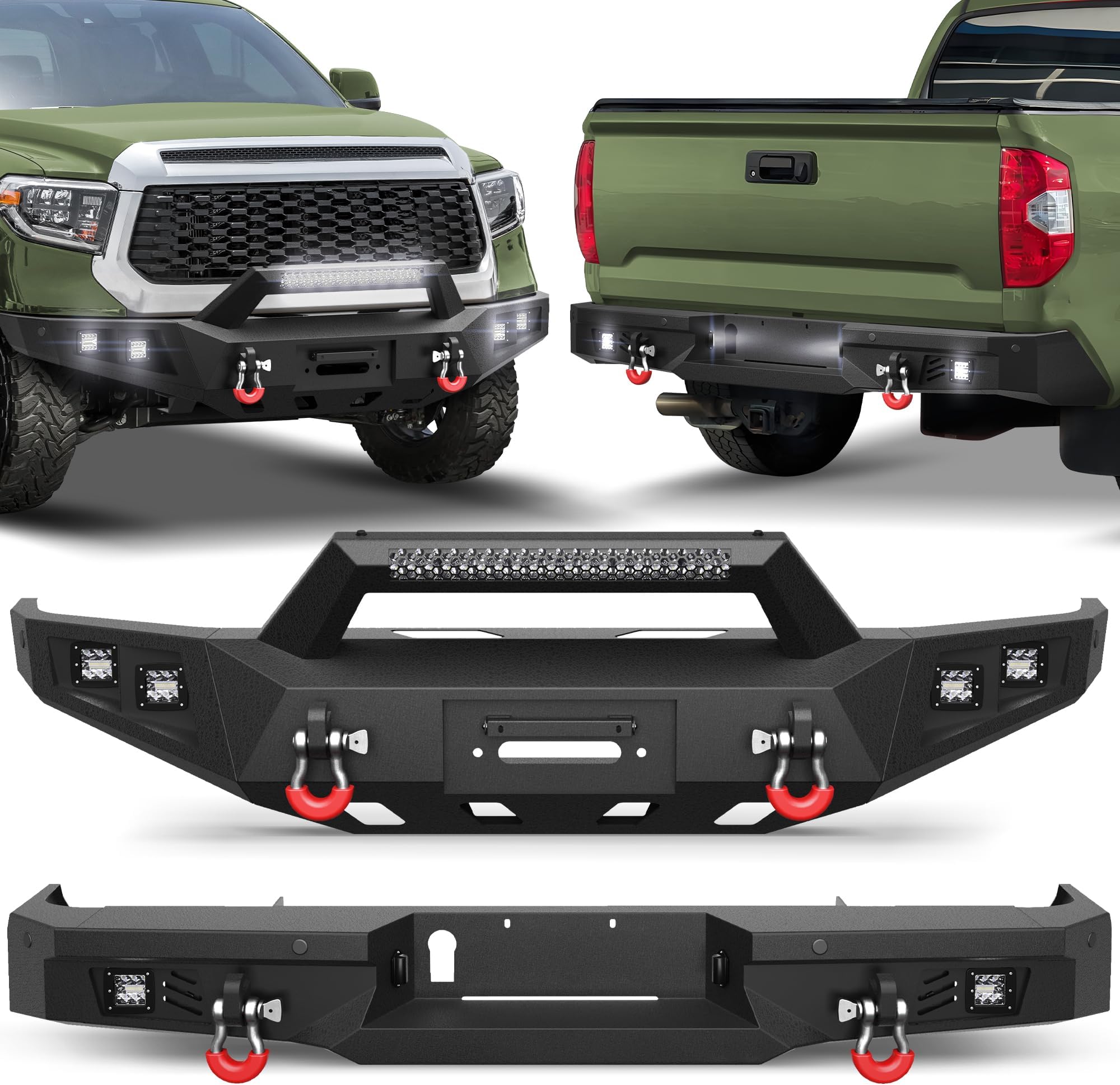 Tundra Front + Rear Bumper Set for 2014-2021 Toyota Tundra Pickup, w/Winch Plate, LED Lights, License Plate Lights and D-rings