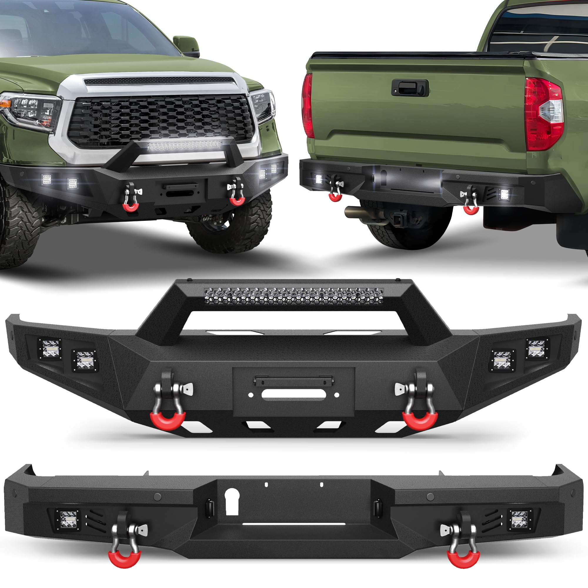 Tundra Front + Rear Bumper Set for 2014-2021 Toyota Tundra Pickup, w/Winch Plate, LED Lights, License Plate Lights and D-rings