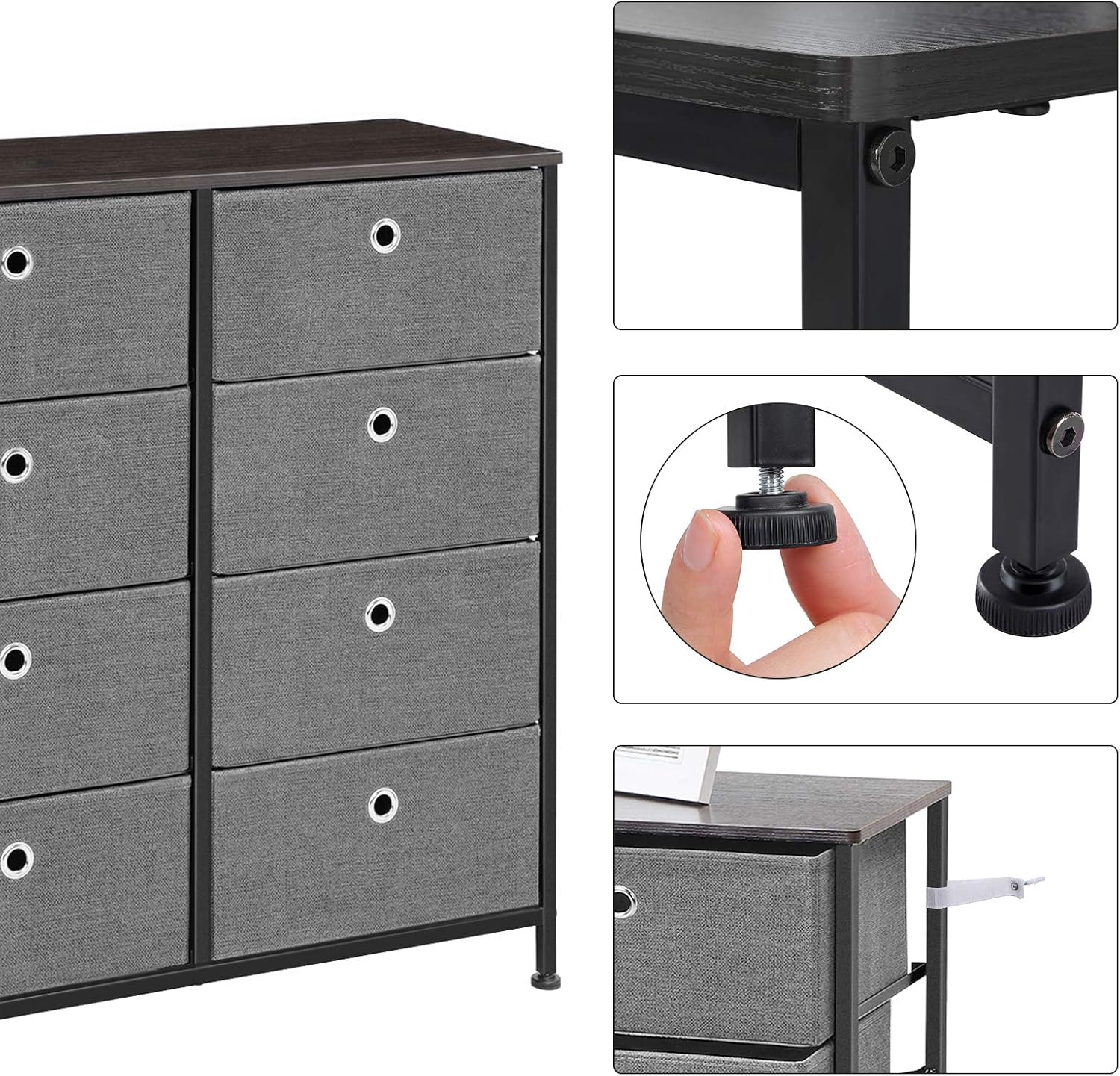SONGMICS Dresser, Storage Unit with 8 Easy Pull Fabric Drawers, Dresser Drawer, Organizer Unit with Metal Frame, Wooden Tabletop, for Closet, Nursery, Dark Walnut and Gray ULTS24G