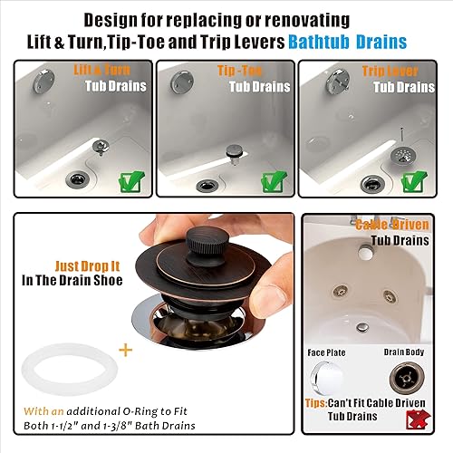 Vista 15 de Artiwell Tapón universal de drenaje de baño y tapa de elevación y giro, tapón de drenaje de bañera, reemplaza la elevación y giro, desagües