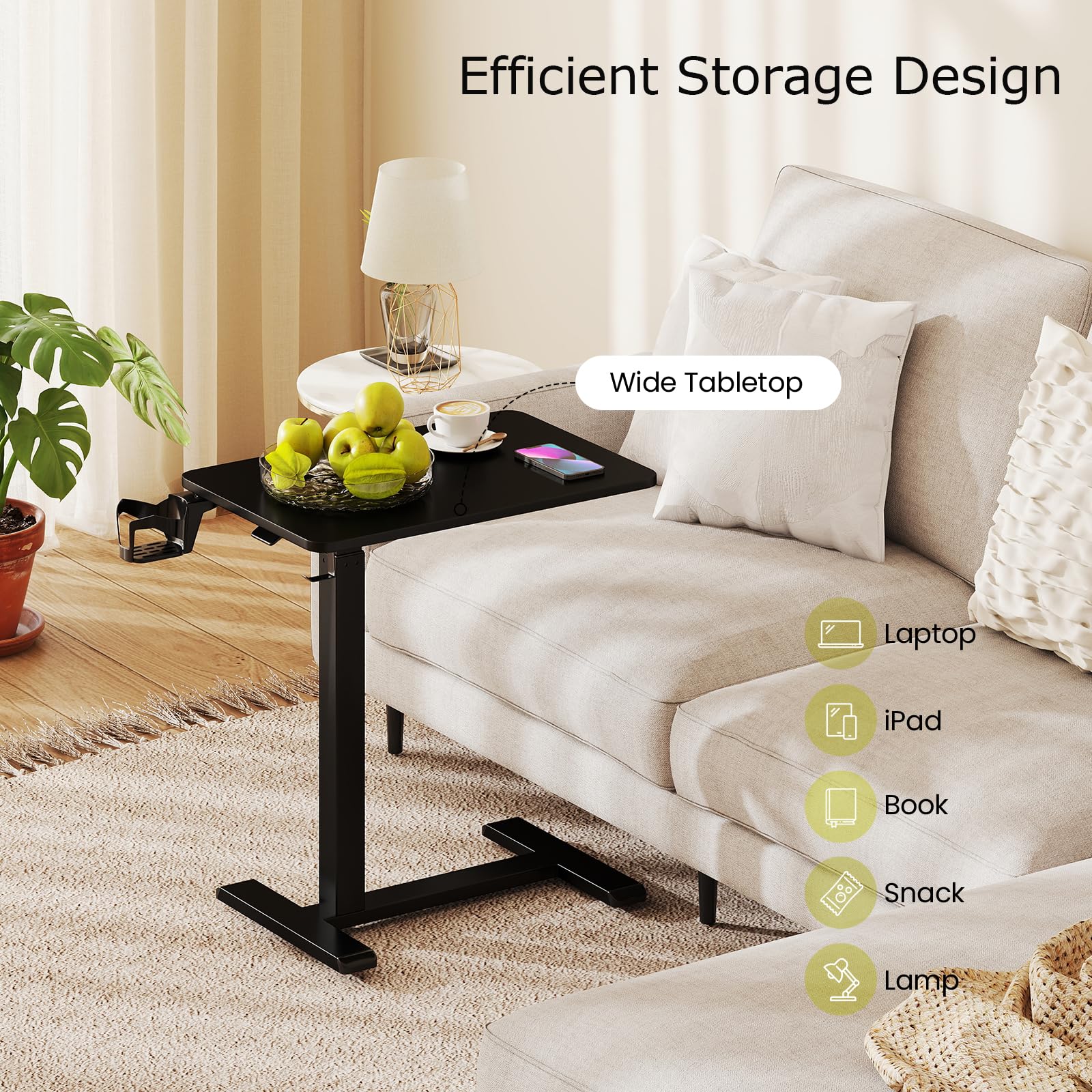 LIFEZEAL Tavolino da Divano a Forma di C, Altezza Regolabile, Tavolino Laterale per Letto, con Ruote Nascoste, Portabicchiere, Ganci Cuffie, Porta Laptop, PC, Serviletto, Soggiorno, Salotto (nero)