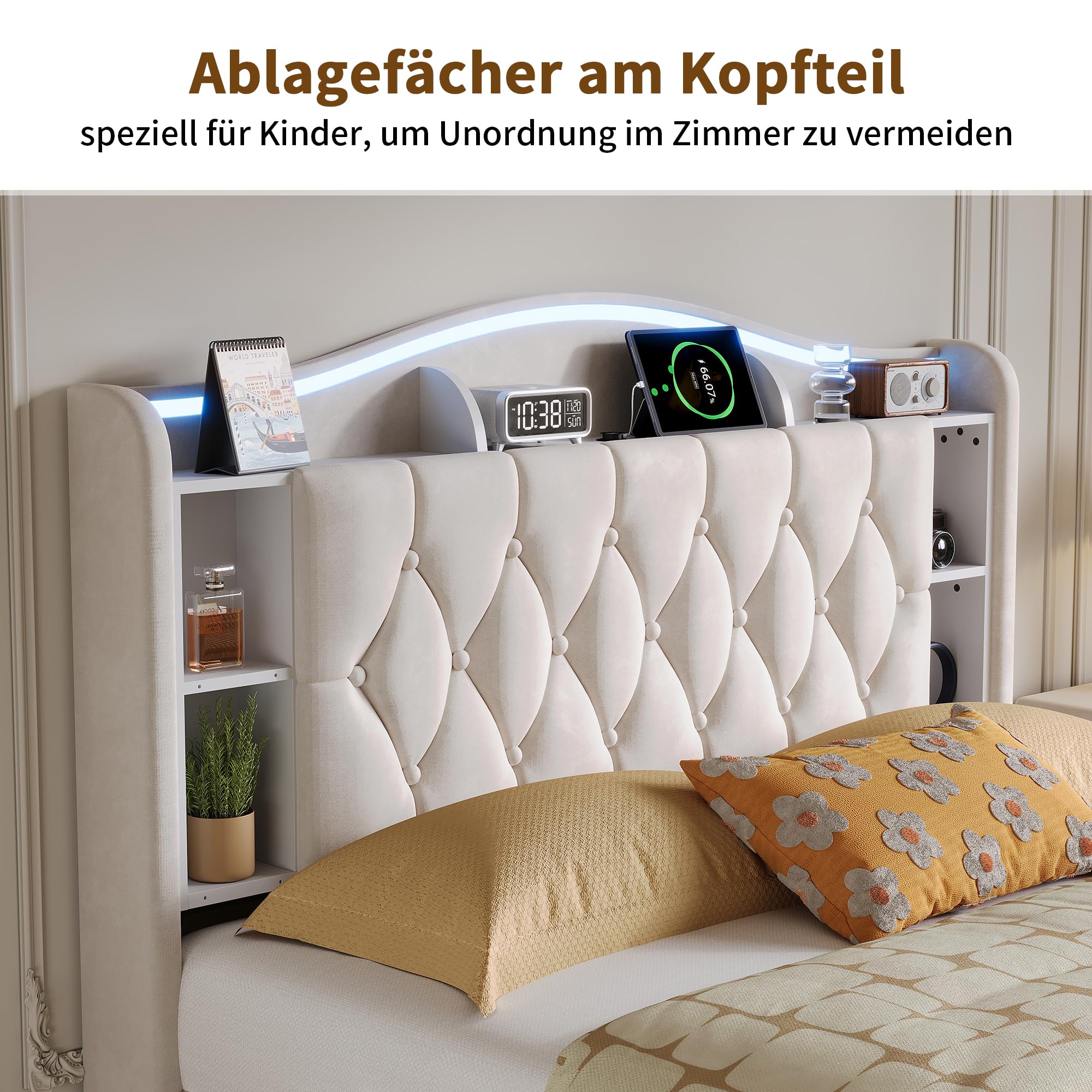 Letto Matrimoniale 160x190 con Contenitore Idraulico, Letto Imbottito in Velluto con LED RGB e USB/Type-C, Testiera con Ripiani Portaoggetti, Struttura Letto con Rete a Doghe (Beige-a, 160x190)