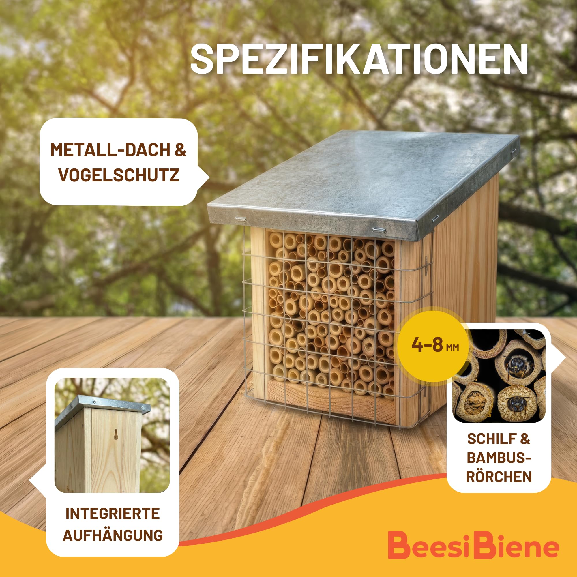 BEESI Bienenhotel mit Metalldach & Schutzgitter - Insektenhaus für Solitärbienen aus Bambus & Schilf (4-8mm)