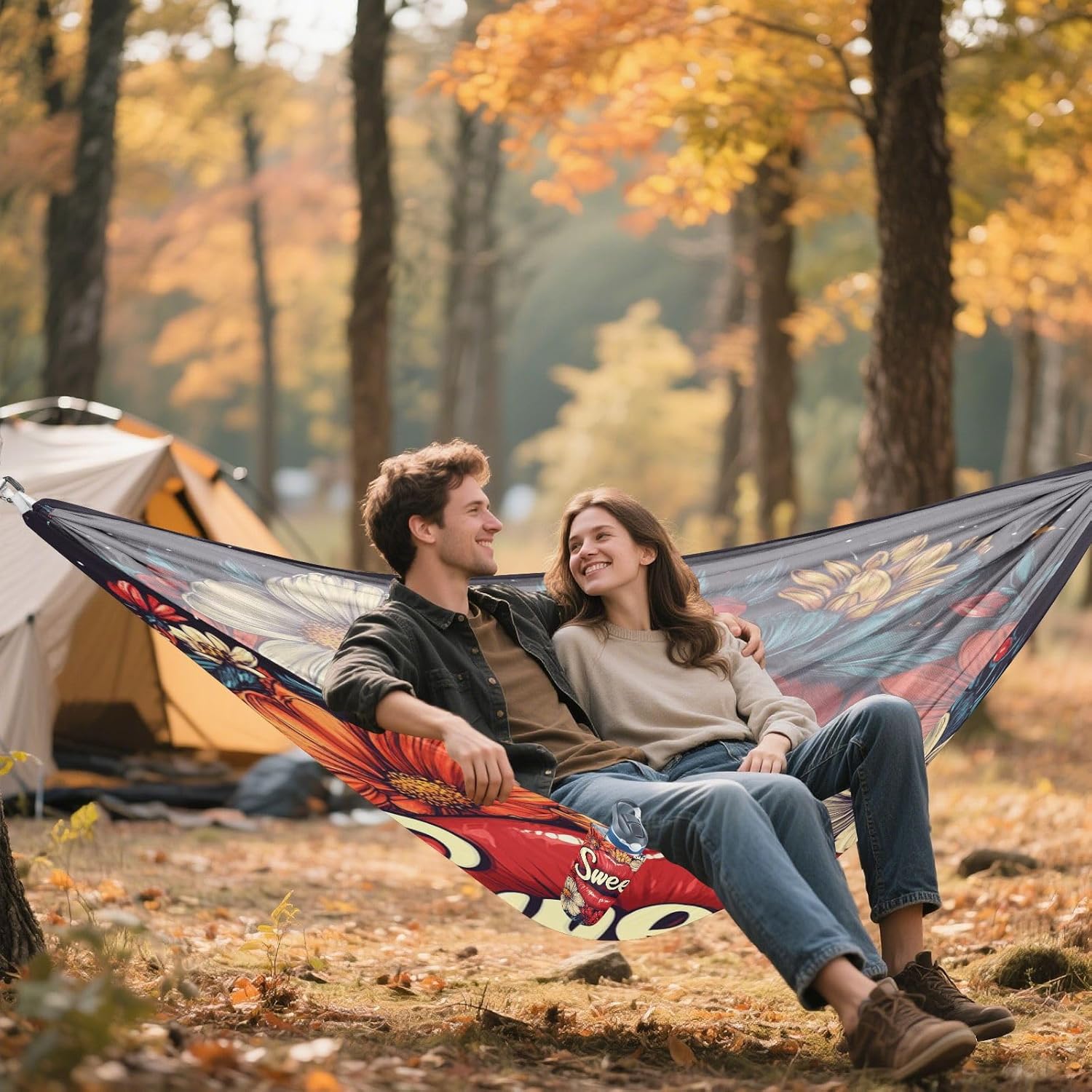 Valentines Day Flowers Red Lips Sweet Camping Hammocks with Tree Straps Cloth Hammock for Indoor Outdoor Patio