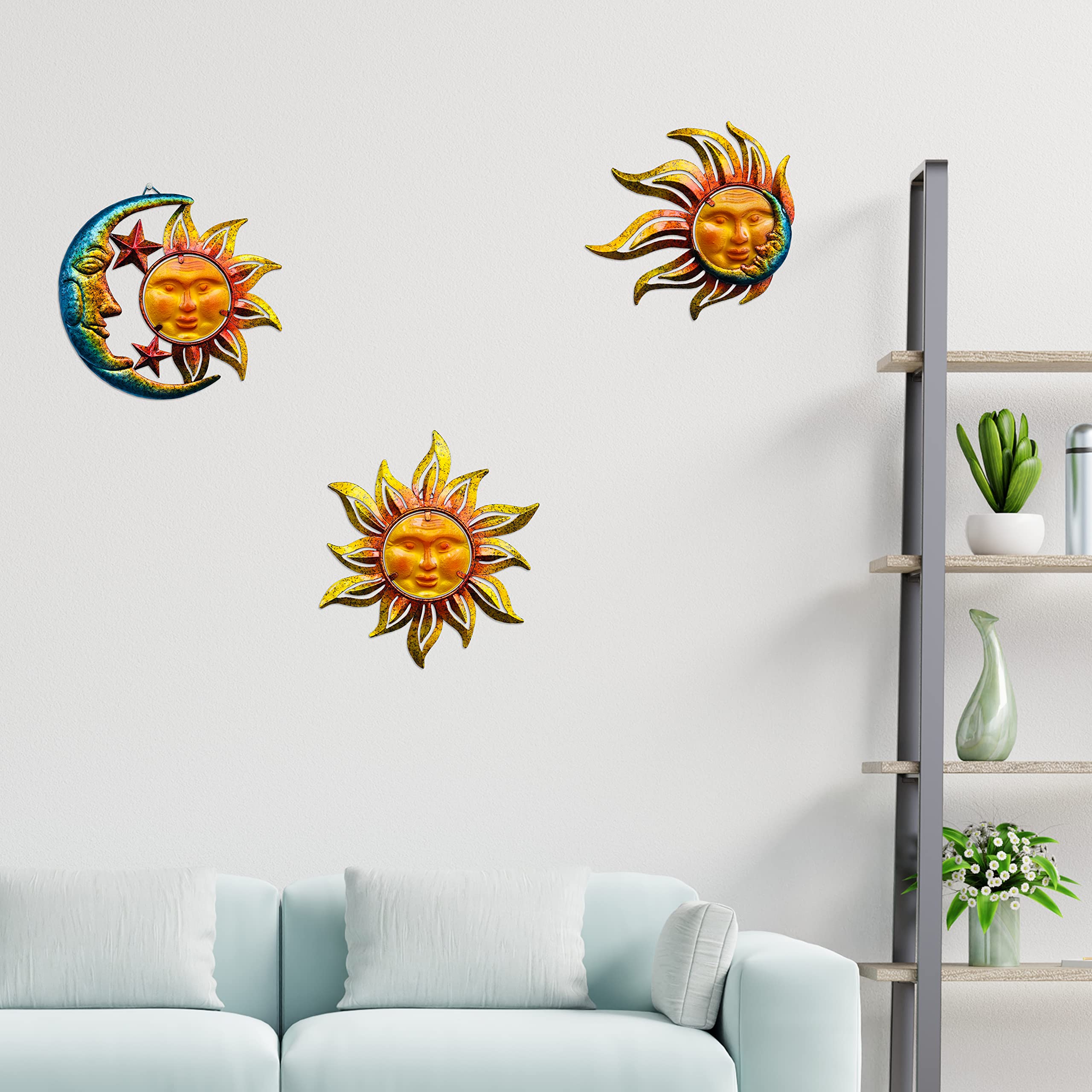 J-Fly Decorazione da parete in metallo, per esterni, sole, luna, stella, in metallo, per soggiorno, camera da letto, bagno, terrazza, veranda, balcone, 3 pezzi, 23 cm