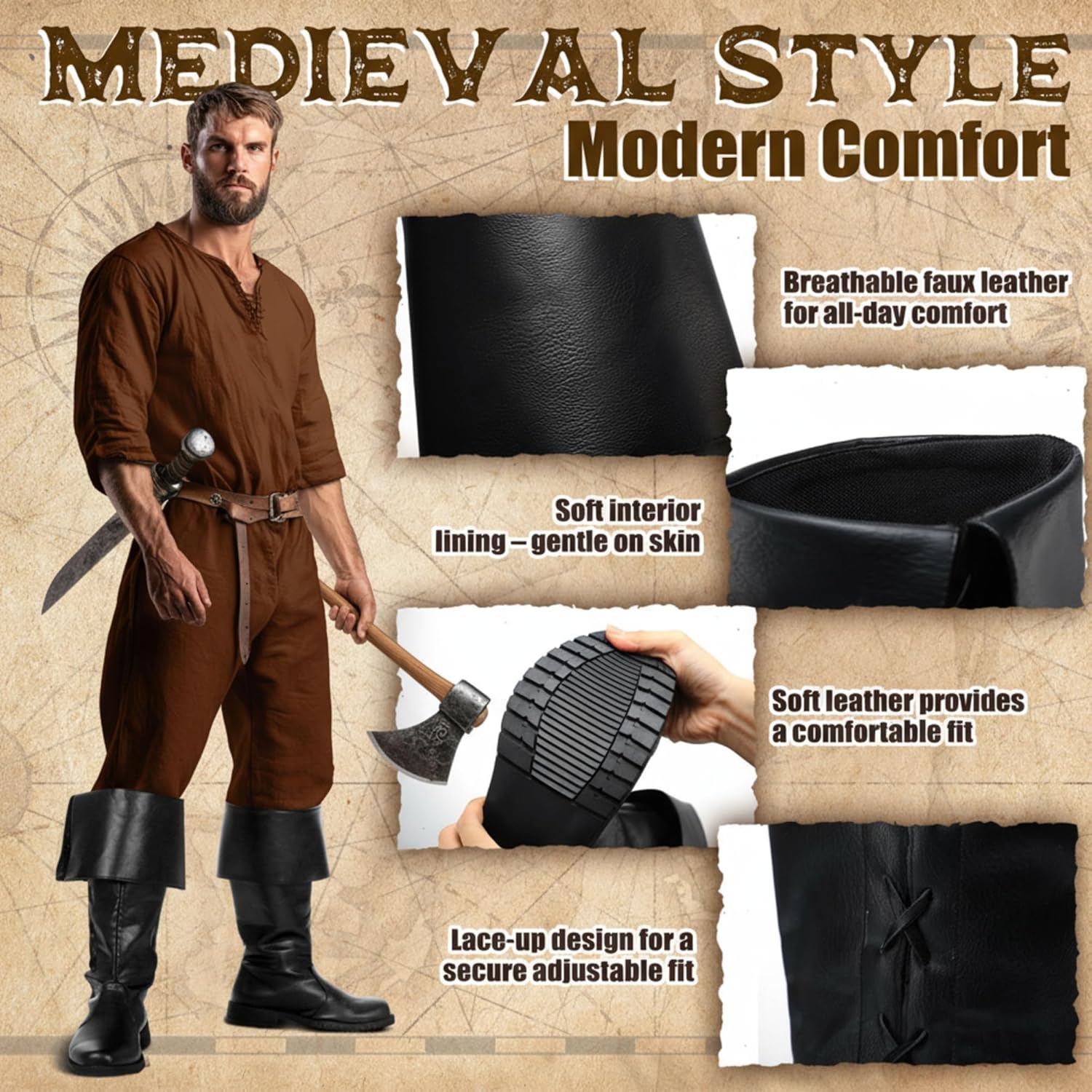 Ramede Halloween Medieval Pirate Boots Men Renaissance Boots Mid Calf Lace up Gothic Viking Costume Cosplay Shoes Footwear