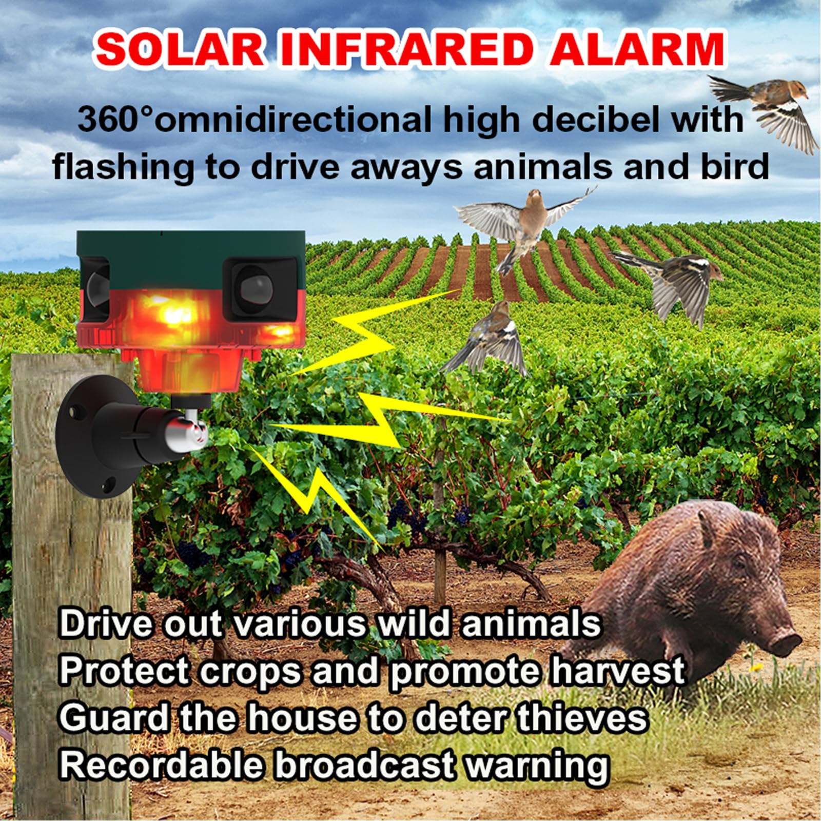 Alarma solar con sensor de movimiento para exteriores – Alarma del detector de movimiento de 360 °, 129 dB ruidoso fuerte, grabación de apoyo, para jardines, granjas (rojo-4paquete)