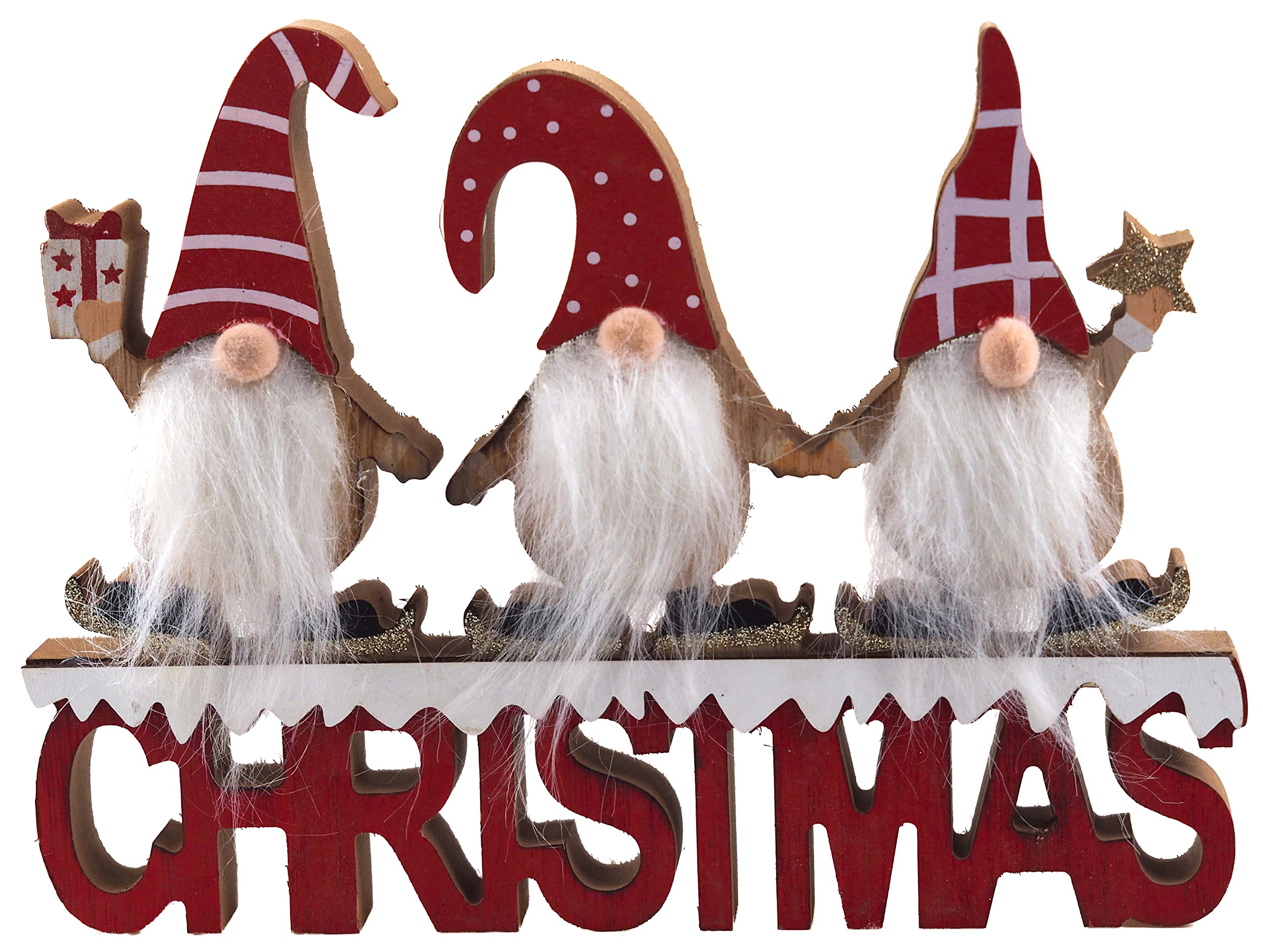 SiL Interiors Christmas 3 Red Gonk Standing Ornament 24cm Decoration With Fluffy Beards