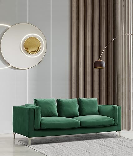 Emory - Asiento tapizado de terciopelo con múltiples cojines, respaldo suelto, diseño de brazo de refugio, patas en Y de metal en tono plateado,