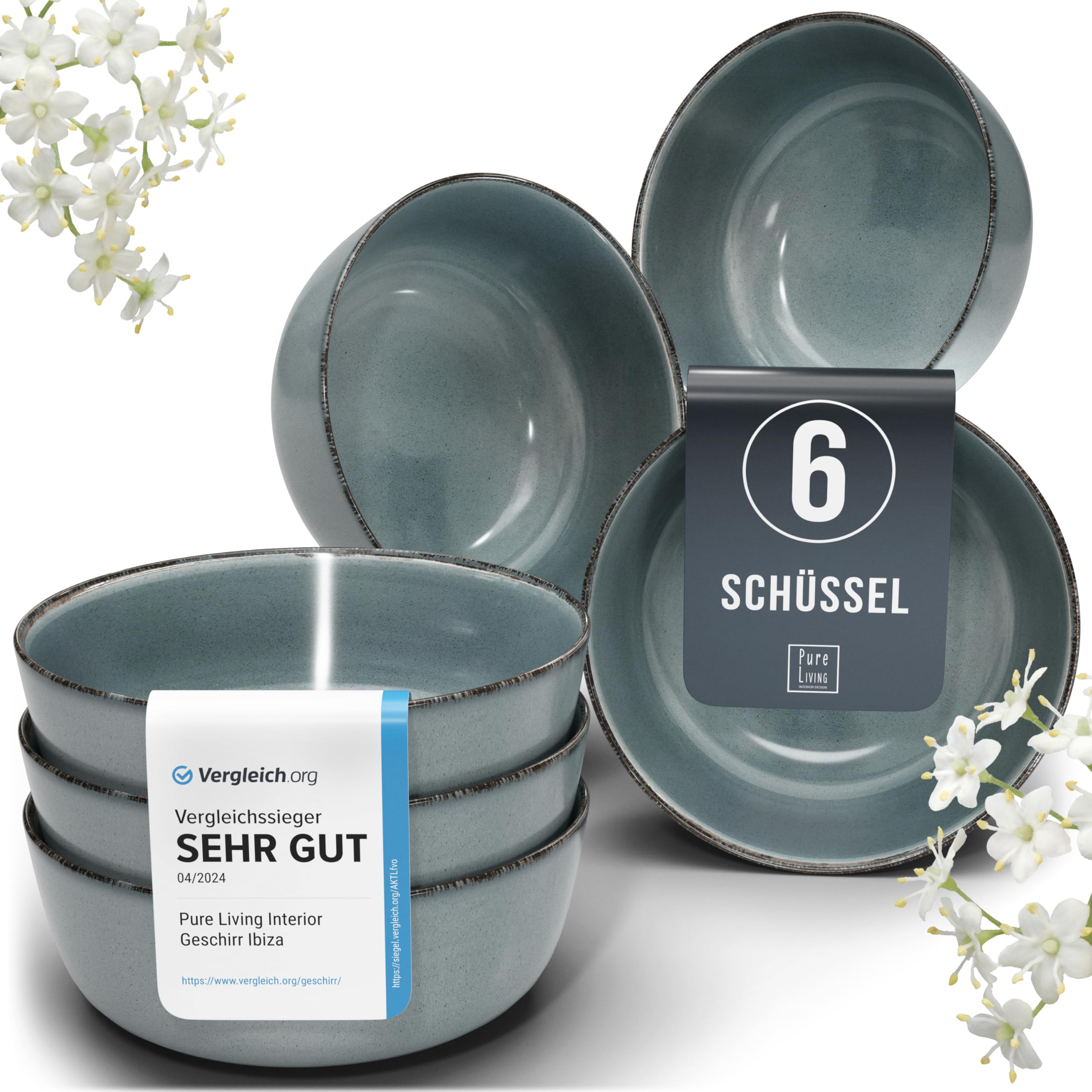 Steingut Müslischalen 6 Personen Rustic TESTSIEGER, Hochwertiges Landhaussttil Steingut Müsli Schüssel Set, Kleine Schüssel, Müslischale - Pure Living in Rauchblau