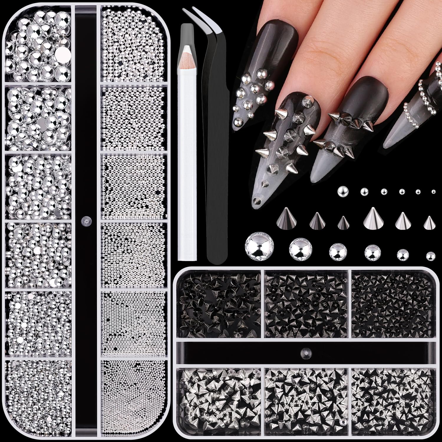 3D Mini Punk Nail Studs Cone Spike Alloy Rivets (Black+Silver), Flatback Nail Pearls and Round Steel Balls Beads(Silver), Goth Nail Charms and Gems for Nail Accessories-image-22