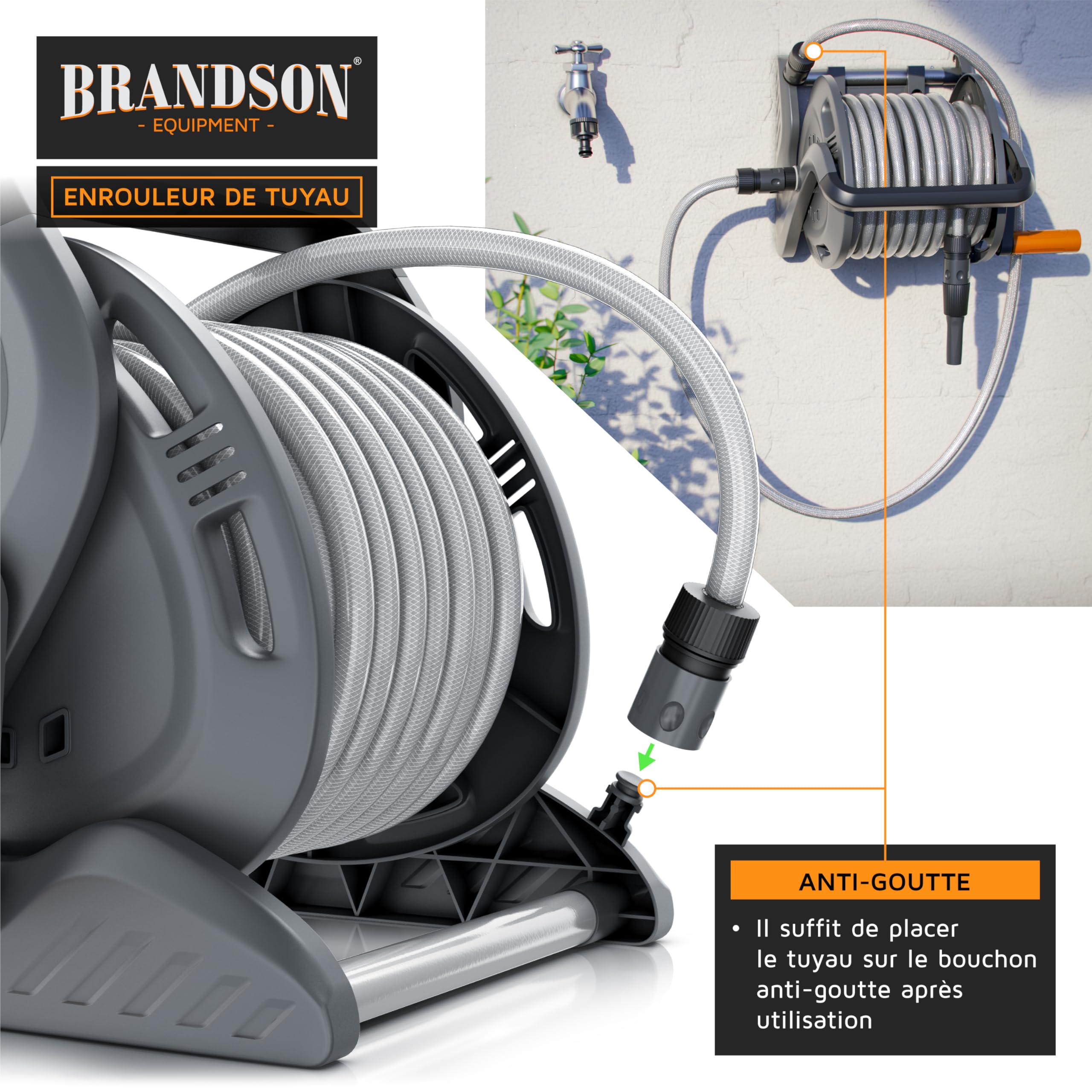 Brandson - Enrouleur Tuyau arrosage de 20 mètres, Enrouleur mobile de tuyau de jardin avec 20 m de tuyau, 2 m d'alimentation, Support mural, Manivelle, Pulvérisateur de nettoyage