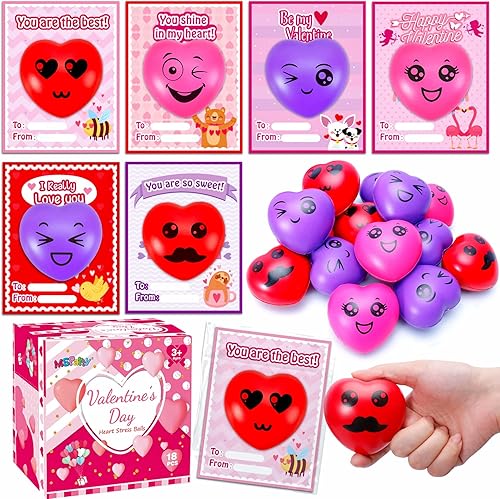 MGparty Regalos para el día de San Valentín para niños paquete de 18 bolas de corazón para el estrés con tarjetas de San Valentín juguete blando de