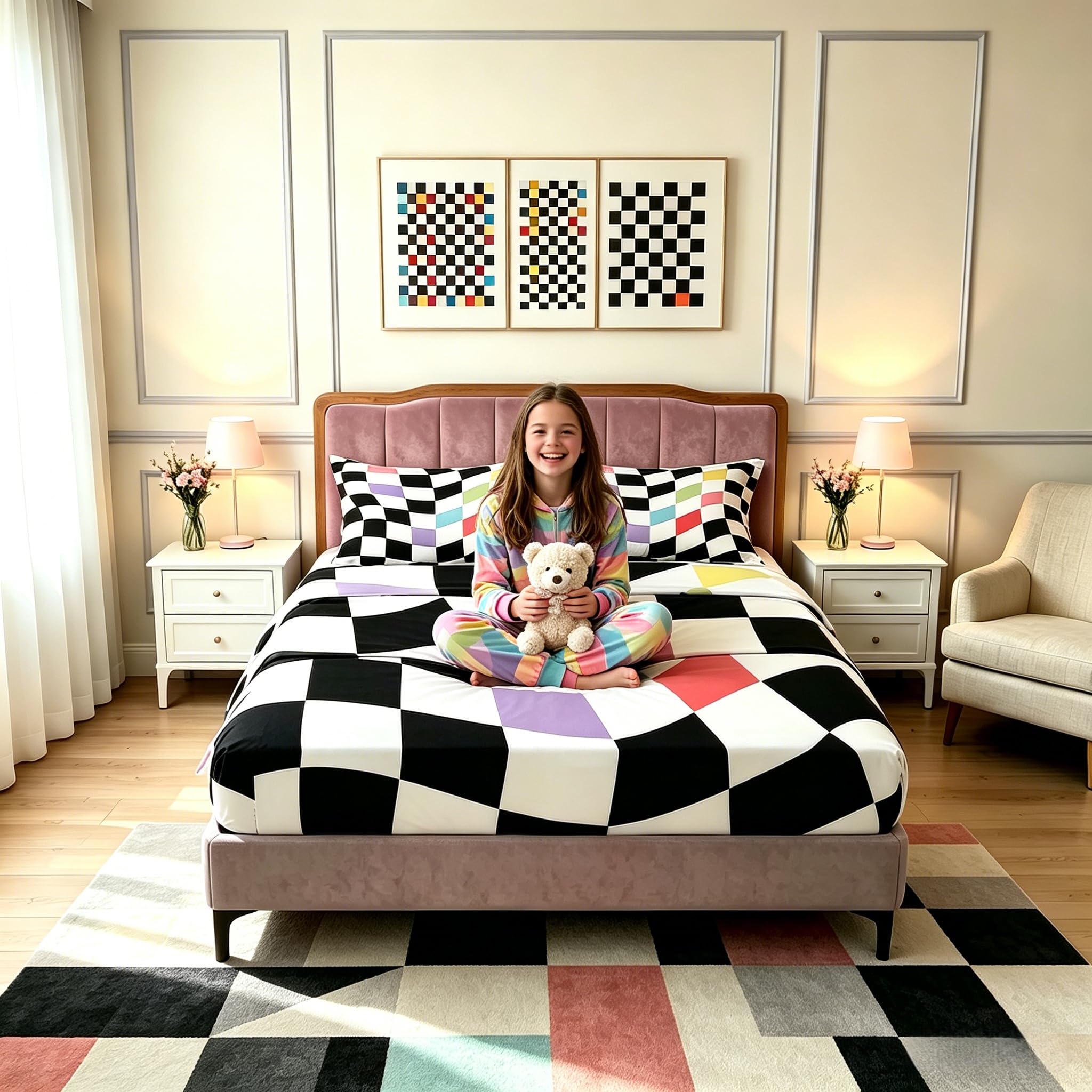 Parure de lit carreaux noirs blancs pour chambre d'enfant géométrique