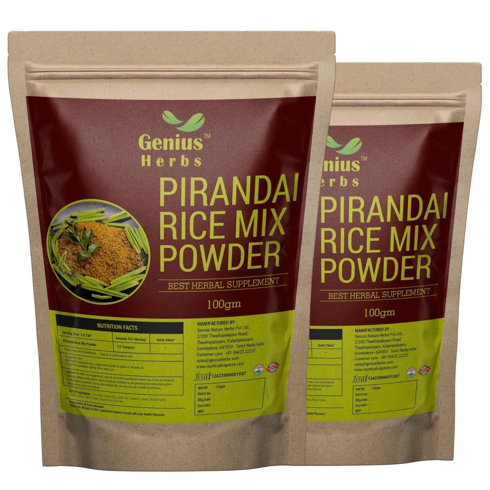 Genius Herbs Pirandai Rice Mix Powder - 100gms | For Bone Health | Supports Wound Healing | Controls Menstrual Disorders | Good for Joint Health | Treats Respiratory Disorders | No Preservatives | Pack of 2