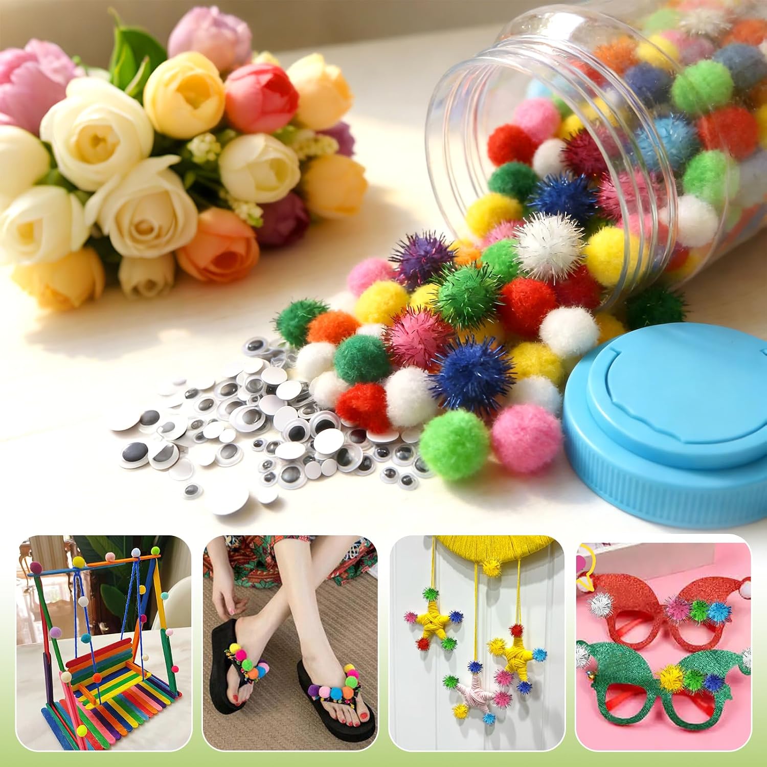 TOAOB 1300pcs Assorted Craft Pom poms Multicolor Pompoms Balls Arts and Crafts Supplies with 100pcs Wiggle Eyes for DIY Crafts Decorations