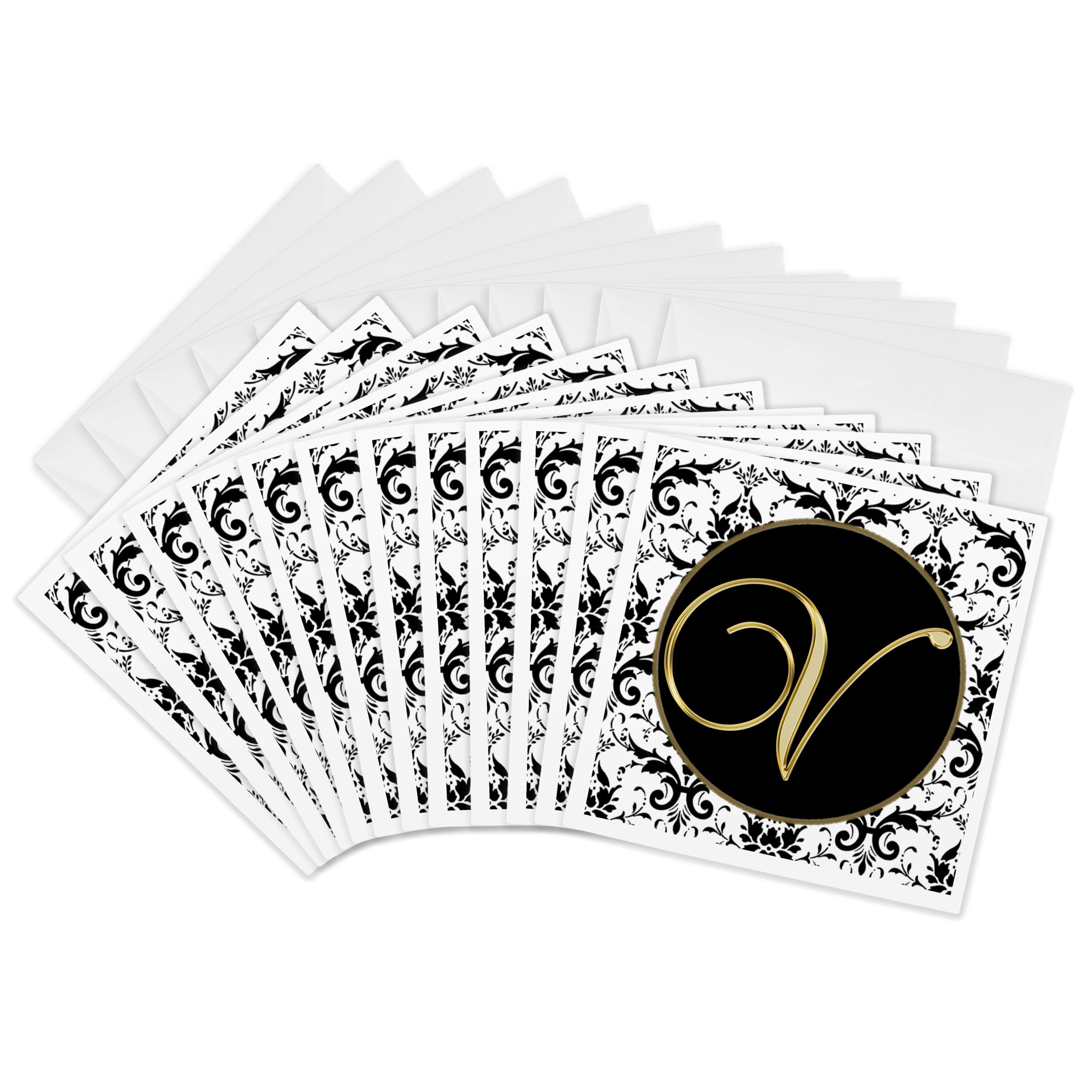 3dRose gc_256286_2 6 x 6-Inch "Image of The Script Letter V in Black White and Gold" Greeting Card (Set of 12)