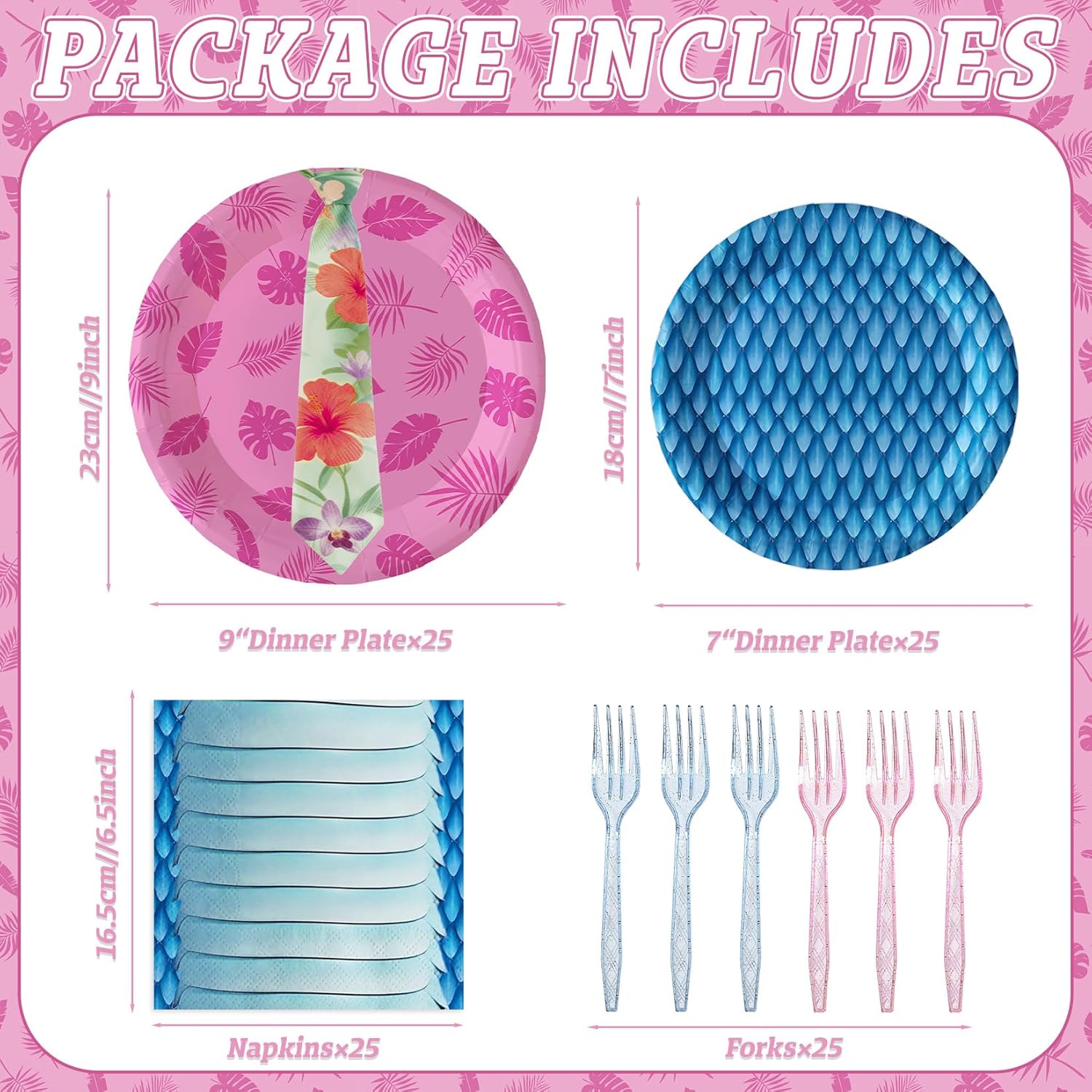 100-Piece Party Decorations Pink Tie and Blue Scales Party Supplies for 25 Guests - Hawaiian style Theme Disposable Birthday Party Tableware Pack Includes Plates, Napkins, Plastic Forks - Image 2