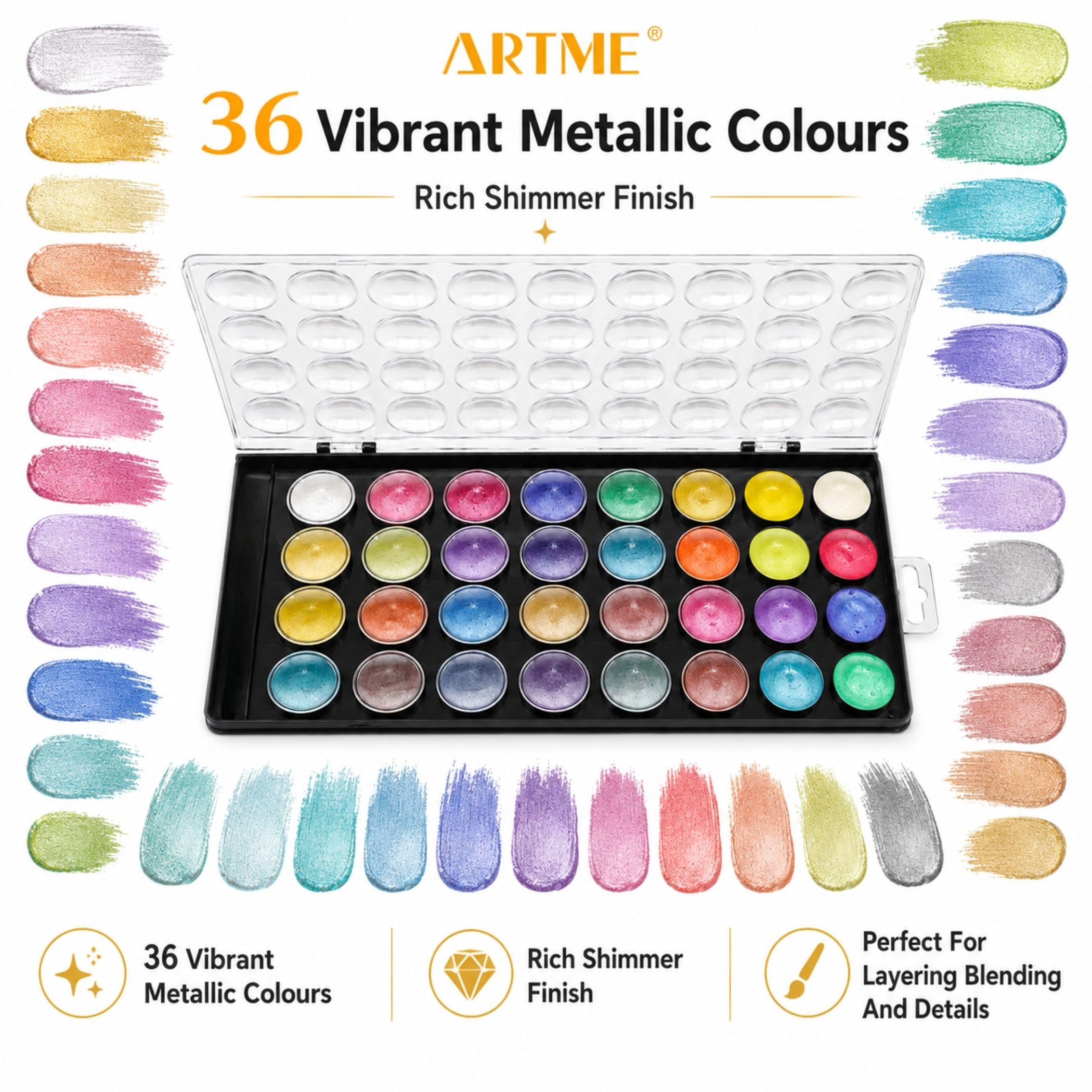 Artme Acuarelas/Paletas metálicas para pasteles de pintura de acuarela con un pincel de artista, 36 colores vibrantes