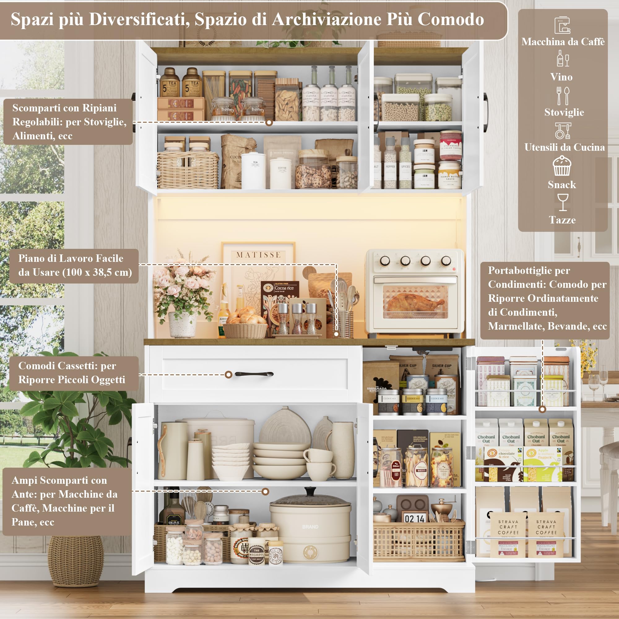 FirFurd 180.5 cm Mobile Cucina, Credenza Cucina Alta con Presa Integrata e Luce LED, Credenza con Porta Spezie, Ripiani Regolabili, Ampio Piano di Lavoro, 100.2x38.6x180.5 cm, Bianco