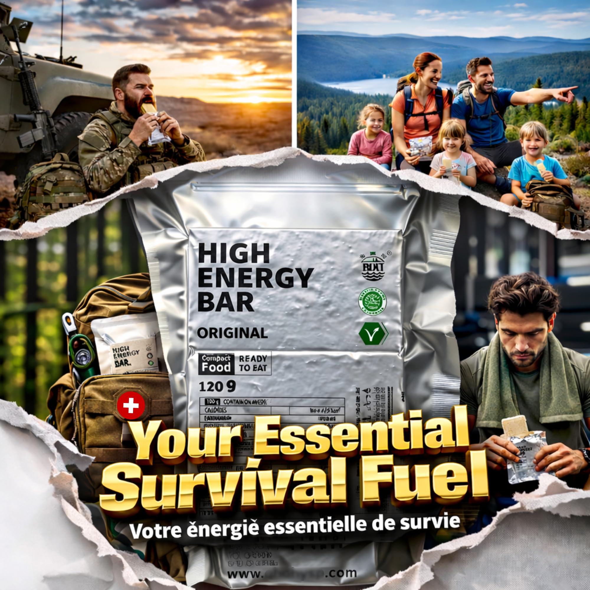 Razioni alimentari di sopravvivenza 6x120g | 3420 kcal - Barrette energetiche vegane-conservazione 20 anni | Pronte da mangiare, non richiedono preparazione-Kit di emergenza, disastri ed escursionismo