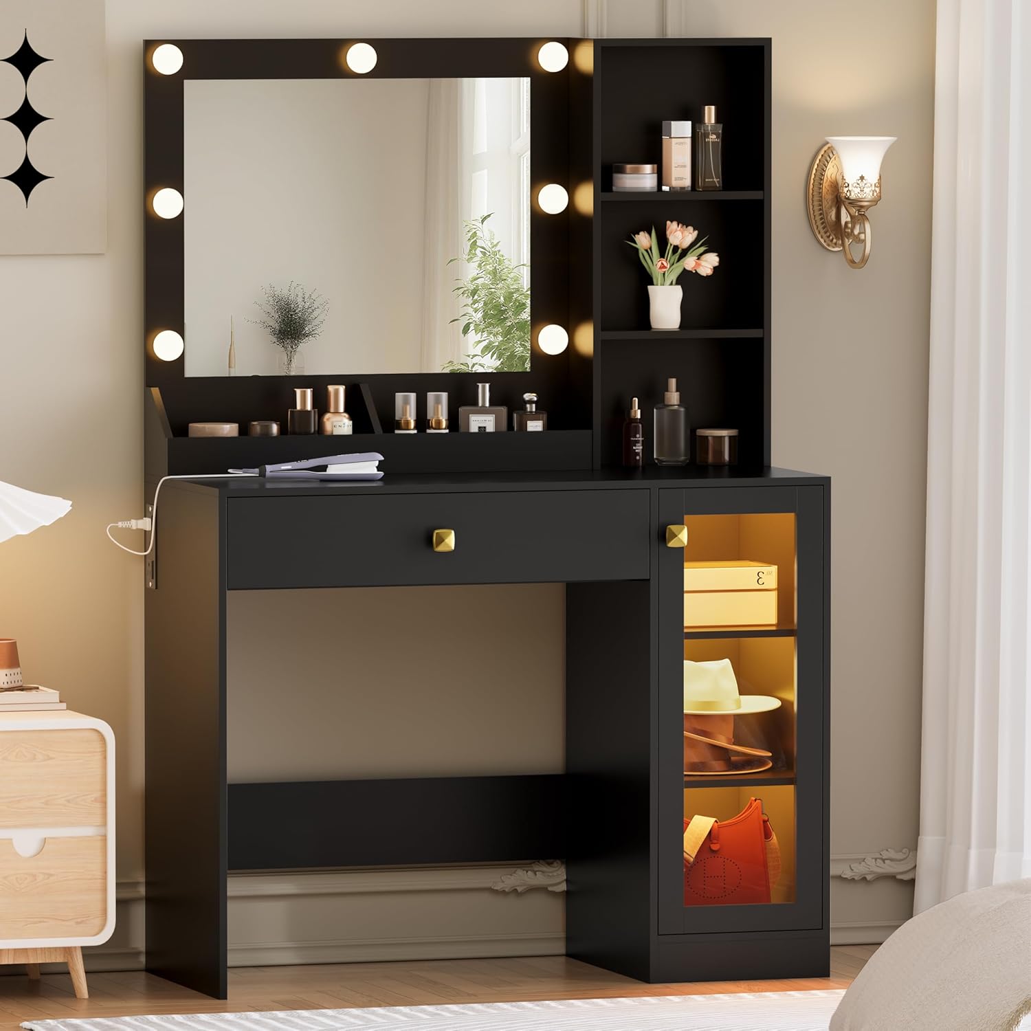 Makeup Vanity with Mirror and Lights, 34''W Dressing Table with Charging Station & RGB Glass Cabinet, Small Vanity Desk with 3 Color Lighting Modes & Adjustable Brightness