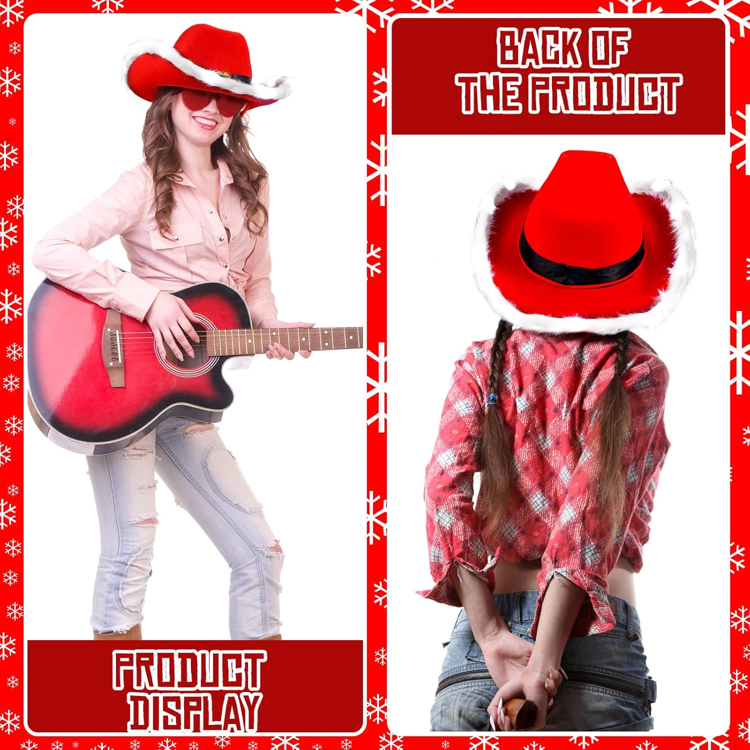 Funtery 6 Pcs Light up Santa Claus Christmas Cowboy Hat with Glasses for Women LED Lights Cowboy Cowgirl Light up Hats Holiday Western Costume Accessory - Image 3