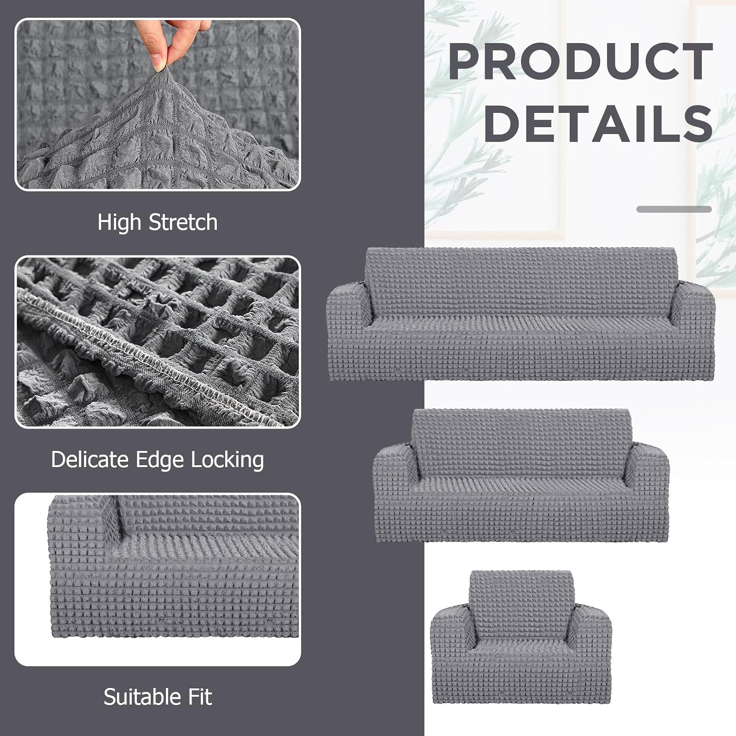 Fanfanwin 3 Pcs Furniture Sofa Cover Set Couch Cover Living Room Chair Covers Armchair Stretch Washable Couch Slipcover for Christmas Loveseat Large Oversized Sofa Cushion High Elastic(Light Gray)