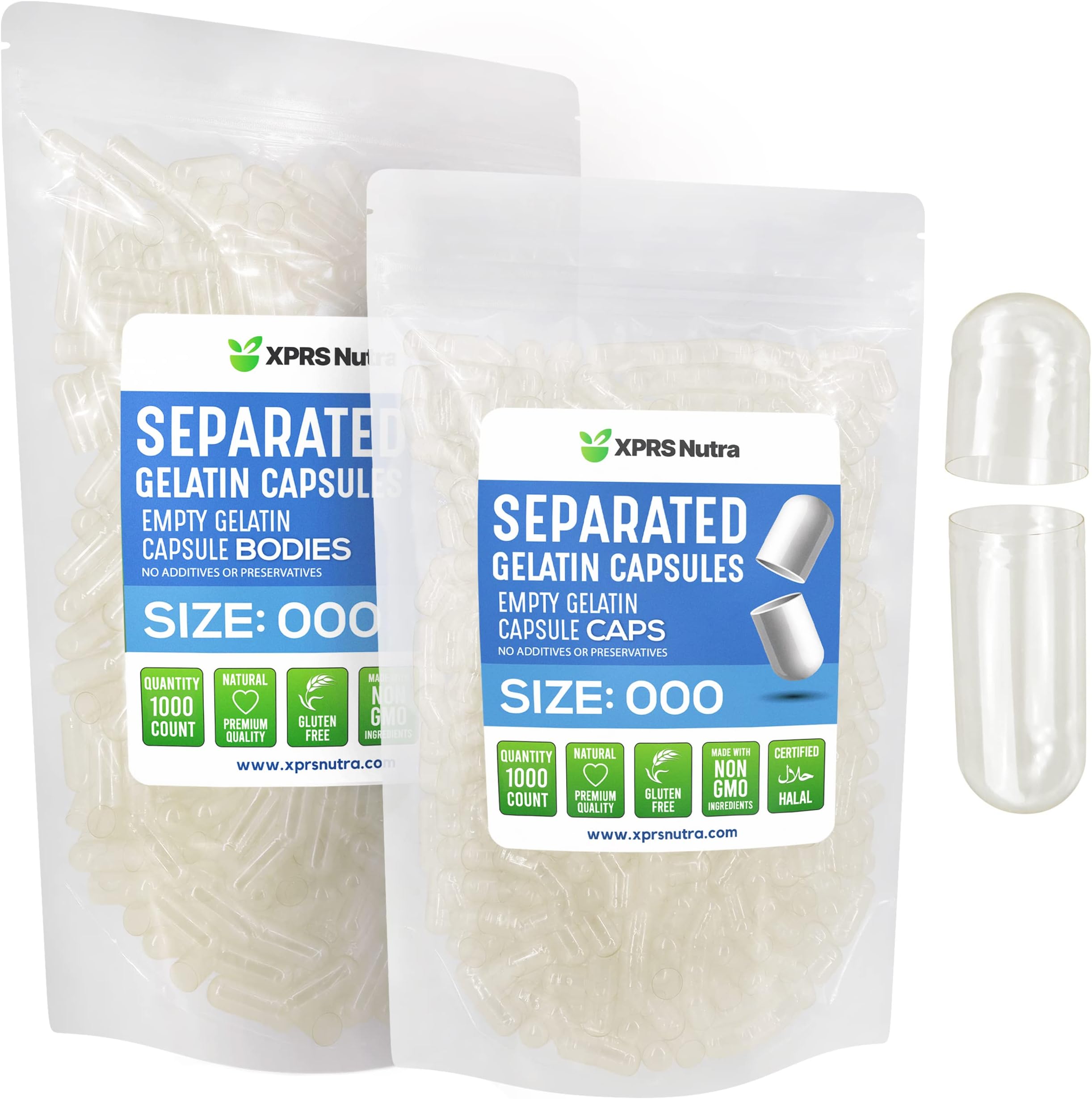 Separated Capsules Size 000-1000 Count Clear Large Empty Gelatin Capsules Separated in Bags - Premium Clear Empty 000 Pills for DIY Supplement Filling