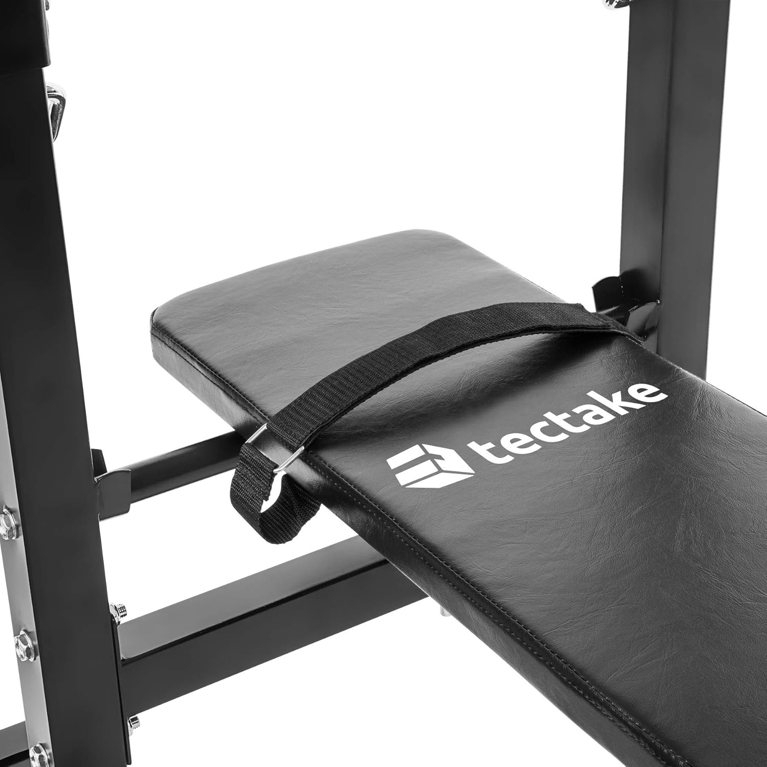 Close-up of the tectake weight bench padding with logo and strap