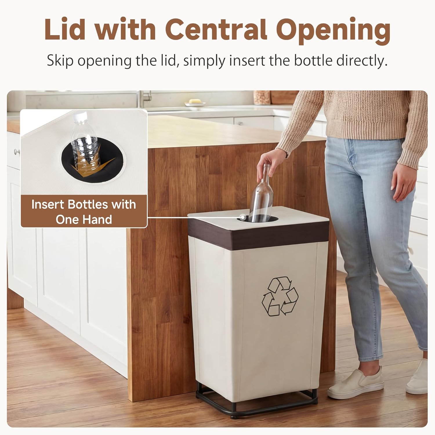 StorageWorks Recycling Bin with Lid, 29Gal Large Recycling Bin for Kitchen, Indoor Recycling Bins with 2 Reusable Washable Bags for Bottles and Cans, Steel Frame Fabric Sorter, 110L, Beige