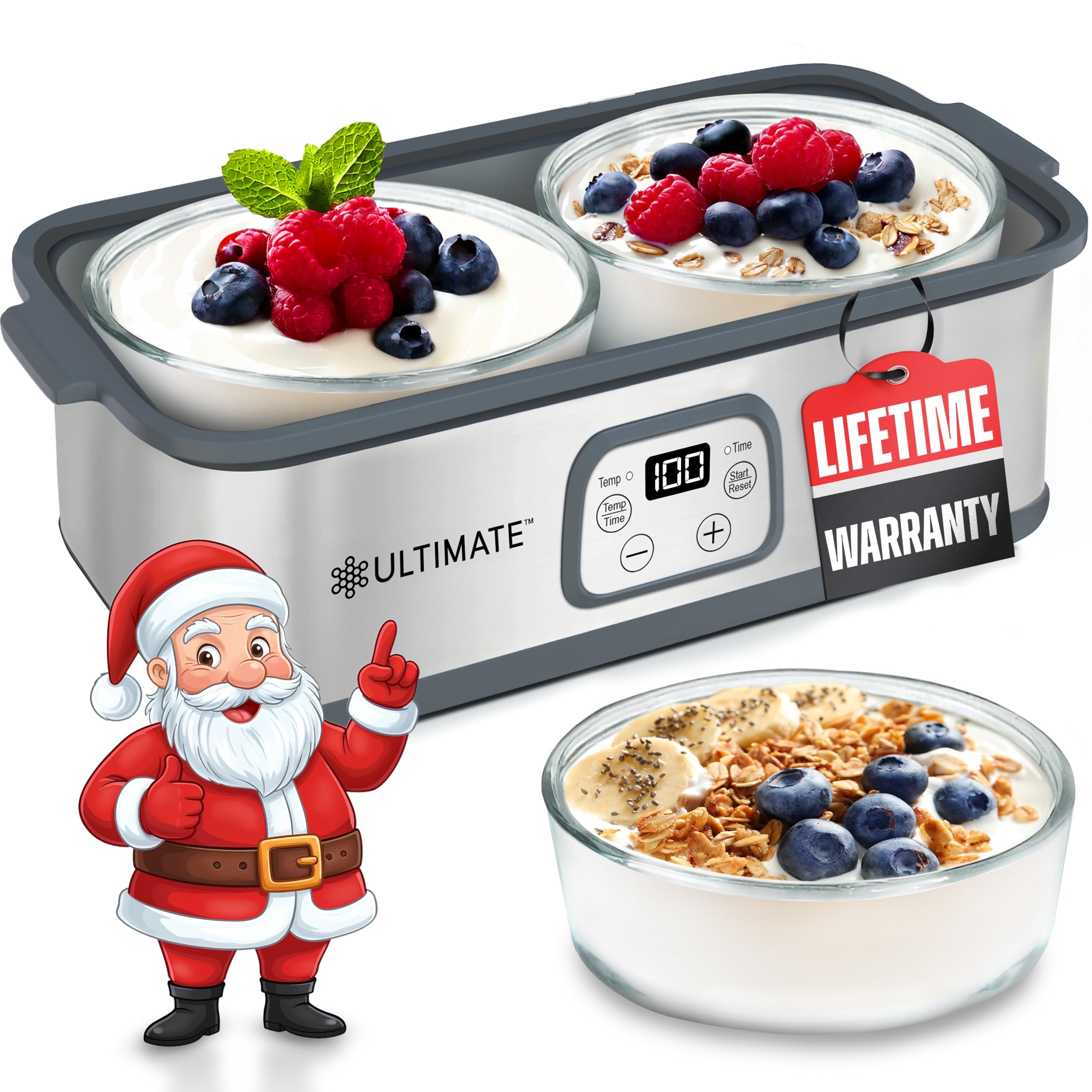 Ultimate Probiotic Yogurt Maker with Adjustable Time & Temp Control - Make Trillions of Live Probiotics with Two 1-Quart Containers for Larger Batches - Best Greek Yogurt Maker - LIFETIME WARRANTY