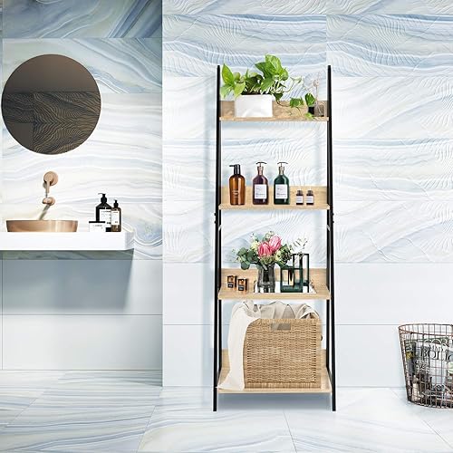 Miniatura 9 de SpringSun Estante de escalera de 4 niveles, soporte de madera para plantas y flores, estante de almacenamiento, marco de acero para oficina y hogar