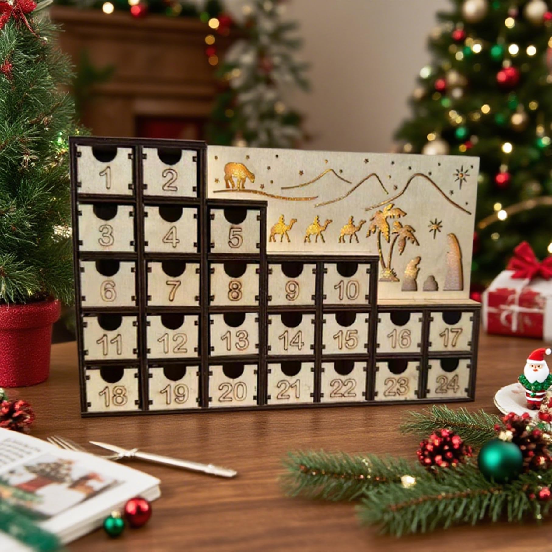 Calendario dell'Avvento in legno con cassetti LED Conto alla rovescia per 24 giorni Calendari dell'Avvento vuoti fai-da-te da riempire riutilizzabili per decorazioni per feste natalizie