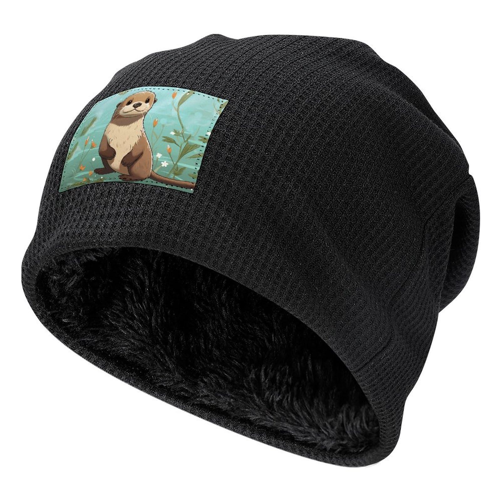 Cartoon Cute Otter Slouchy Beanie Hats Plush Lining Winter Knitted Caps Cuffed Skull Cap Soft Warm Ski Hat