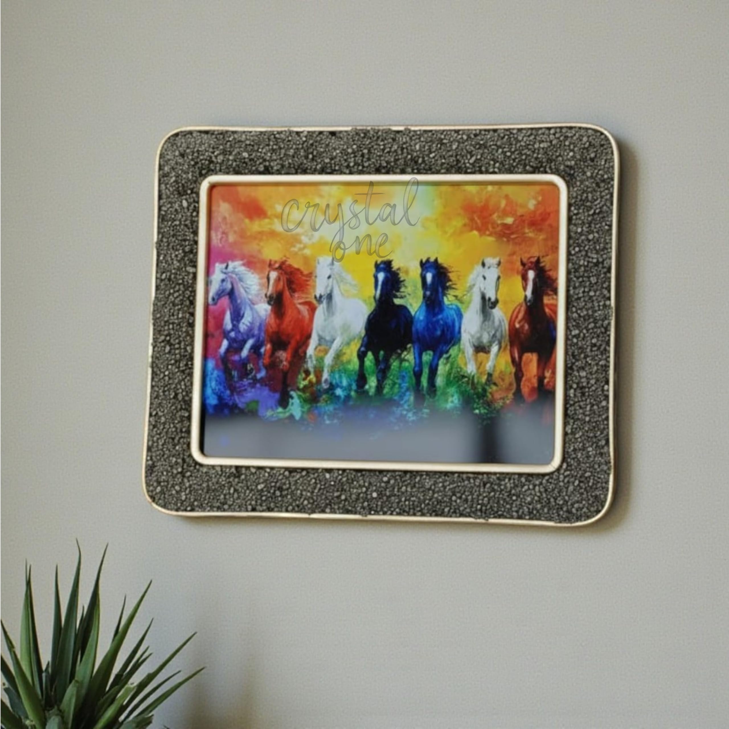 7 Rainbow Richie Rich Horses of Harmony with Gold Frame | Vastu Feng Shui Wealth & Success Wall Decor | Raw Pyrite & Obsidian Crystal Energy Art (Rectangle)-image-21