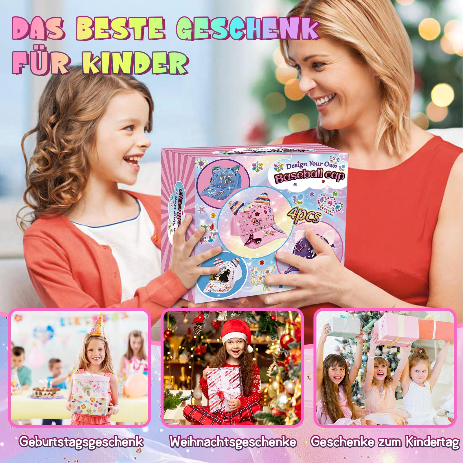 Aragallant Geschenke für Mädchen Baseballkappe Bastelset, 4 PCS DIY Baseballkappe mit Einhorn Armbänder Edelstein Aufklebern Flügel, Schulanfang Geburtstag Geschenk Mädchen 4 5 6 7 8 9 10 Jahre