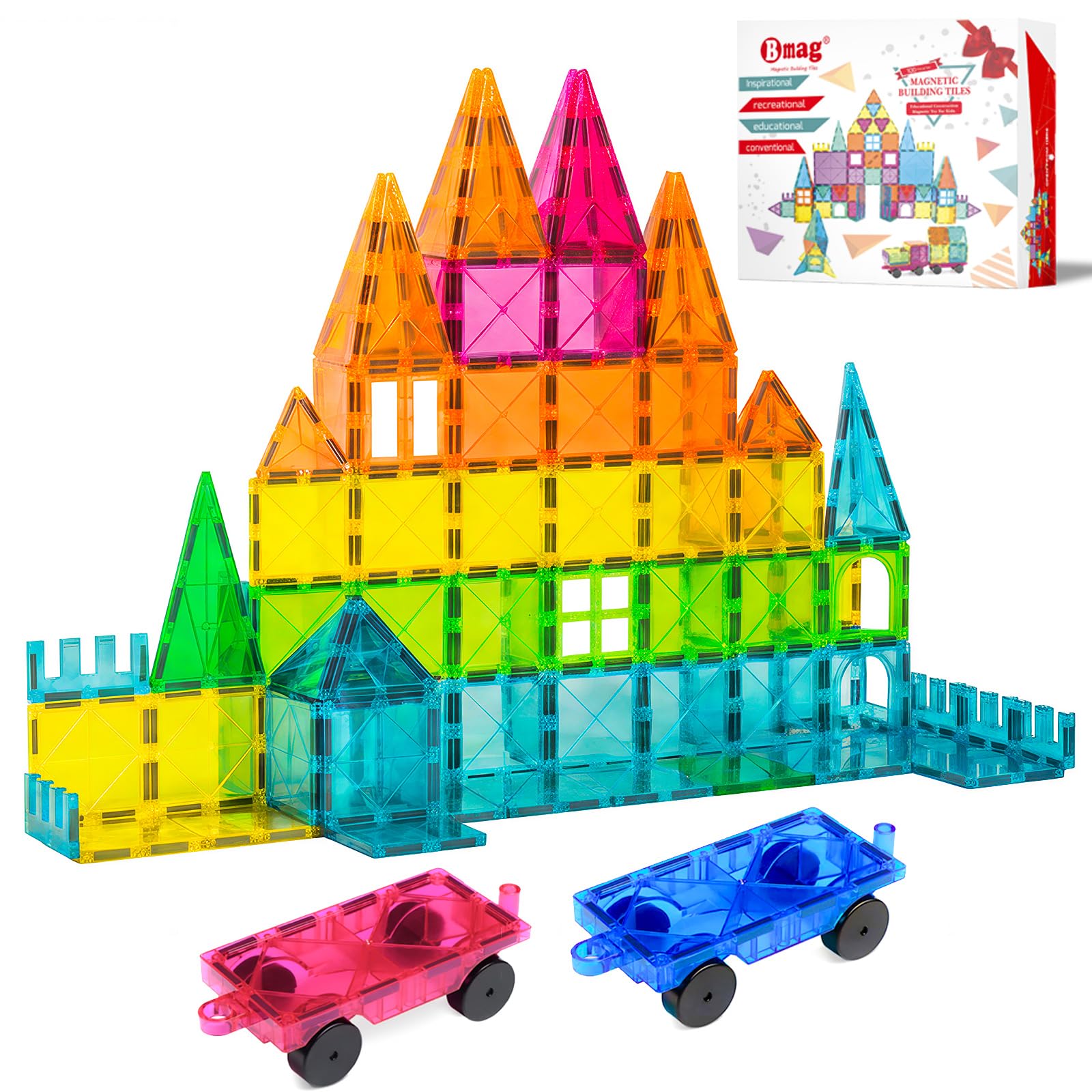 - Bmag 100PCS Magnet Building Blocks with 2 Cars for Kids, Magnetic Tiles Stacking Building Set for Boys Girls, STEM Preschool Educational Learning Construction Toy