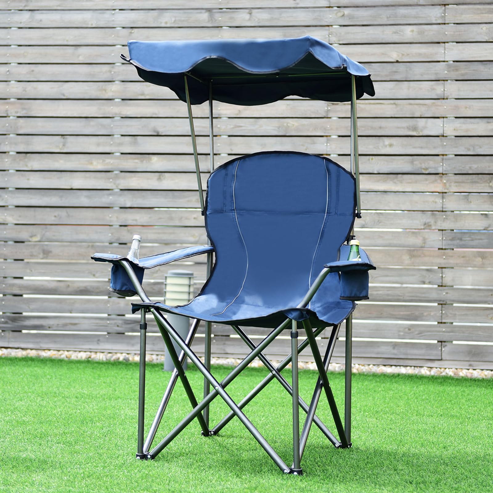 COSTWAY Campingstuhl faltbar mit Sonnenschutz, Klappstuhl mit Getränkehaltern, Angelstuhl XXL, bis 120 kg belastbar, Faltstuhl mit Tragetasche, für Camping, Angeln