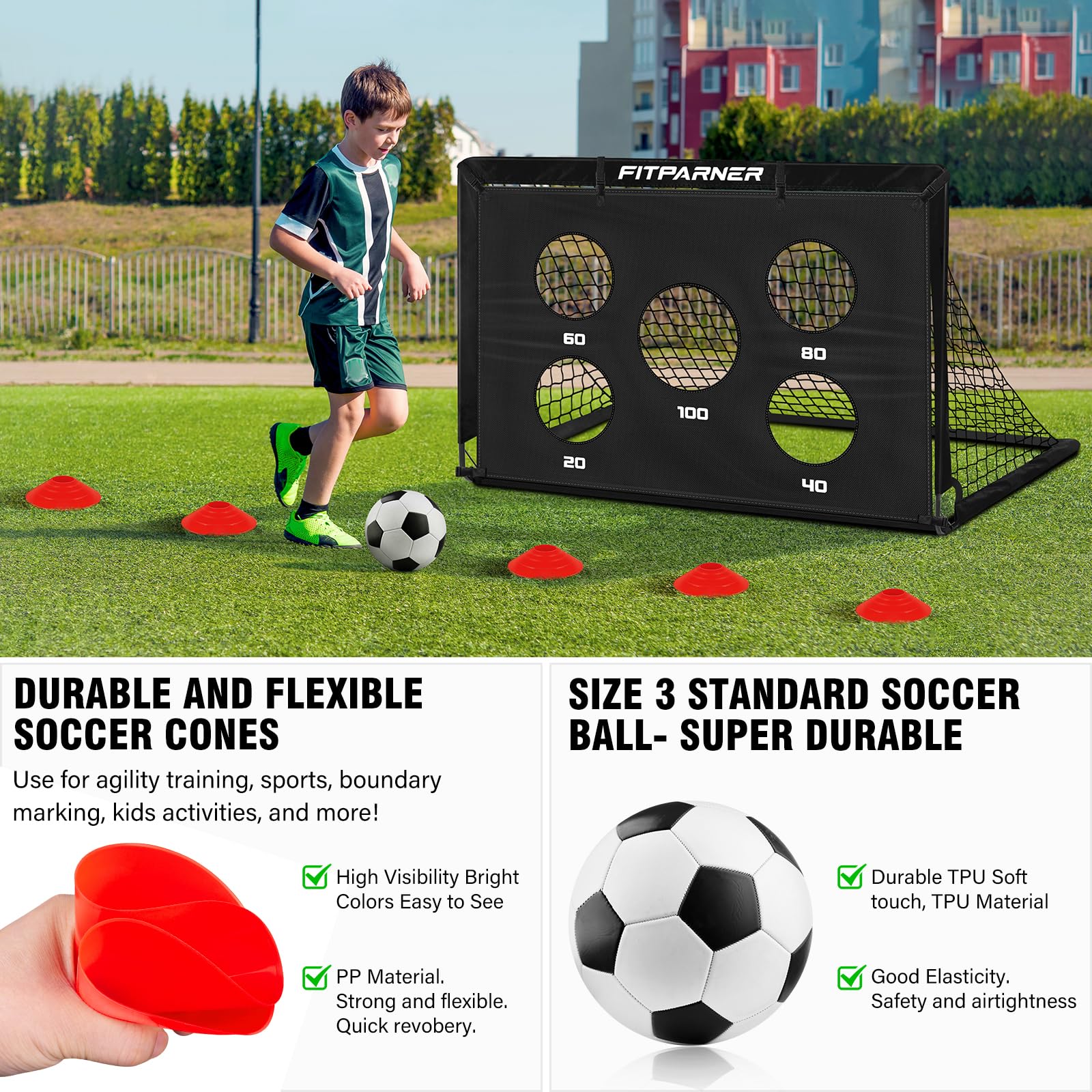 Porterías de fútbol para niños, paquete de 2 redes de fútbol de 4 x 3 pies para niños de 3 a 5 años, 6 a 8, 8 a 12, 10 a 12 y 14 años, equipo de entrenamiento para patio trasero con objetivo, pelota 6