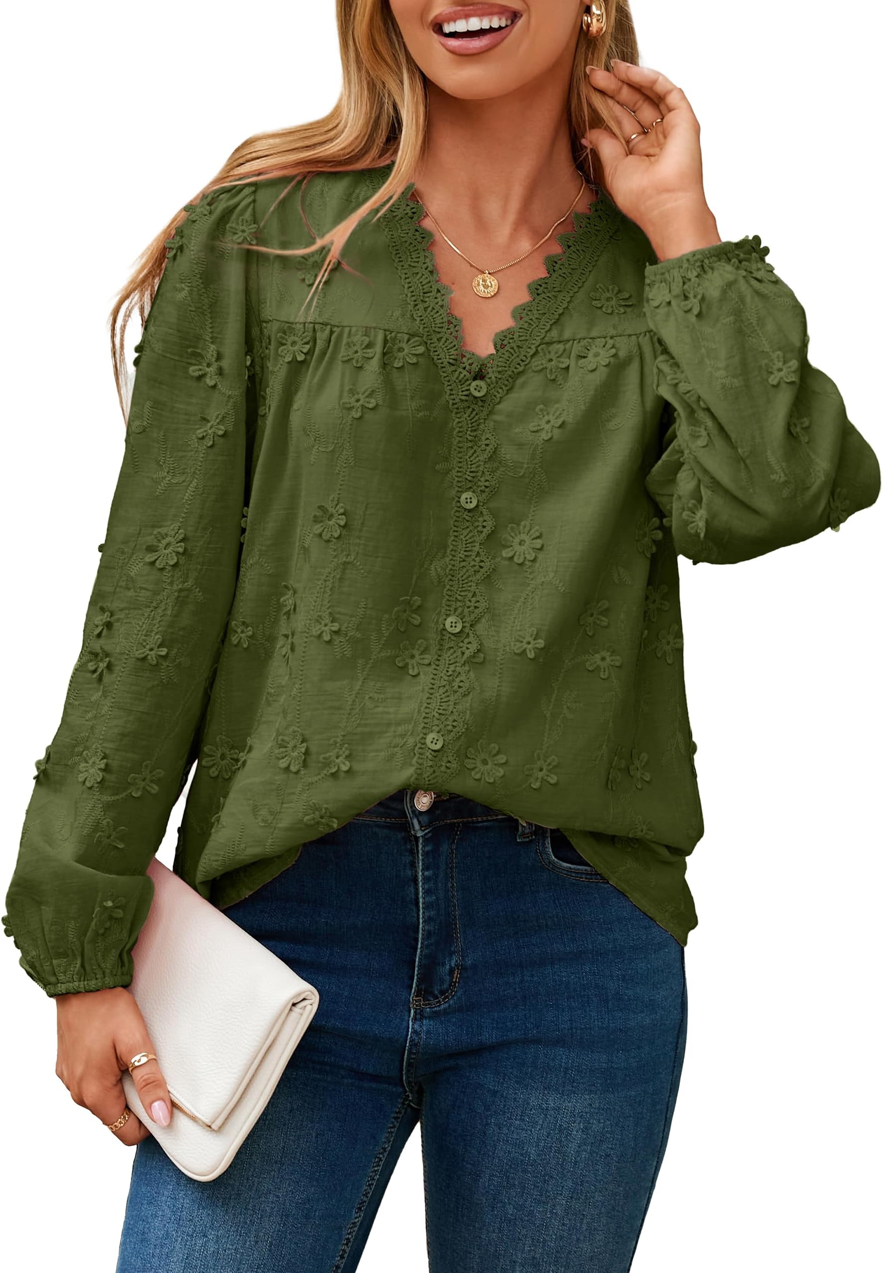 Womens Dressy Long Sleeve Blouses Casual V Neck Button Floral Lace Embroidered Tops Spring Fall Fashion Shirts