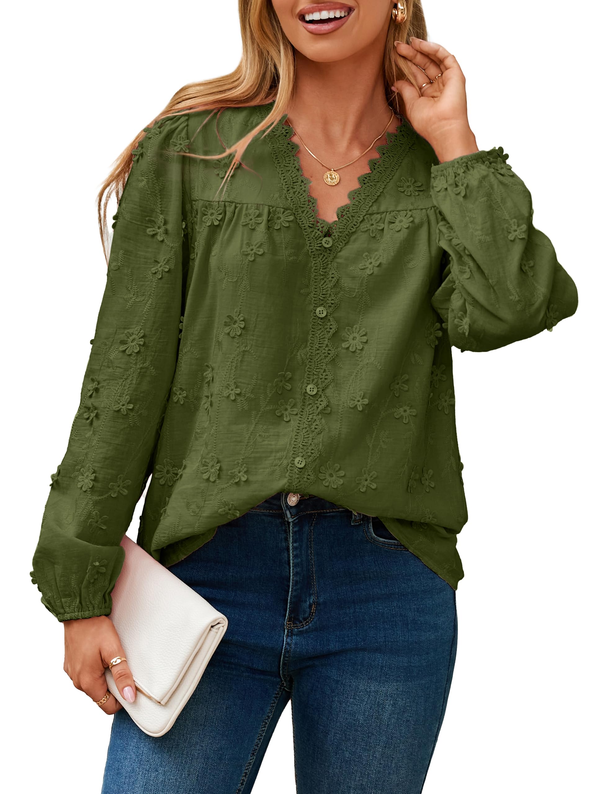 Womens Dressy Long Sleeve Blouses Casual V Neck Button Floral Lace Embroidered Fall Tops Fashion Shirts