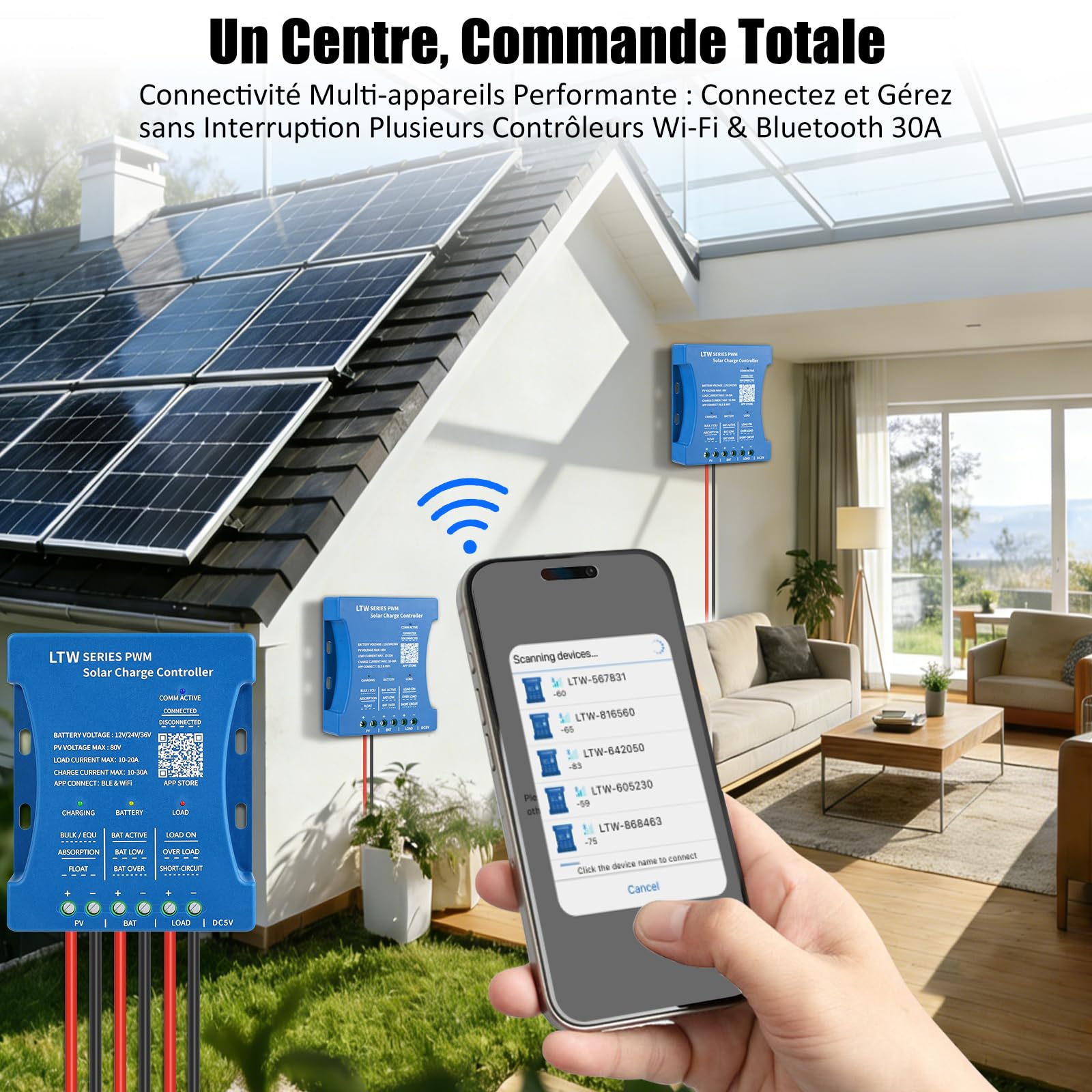 Contrôleurs solaires WiFi 30 A 12 V : contrôleur de charge solaire 30 A 12 V/24 V/36 V ultra-télécommande WiFi PV : contrôleur de panneau solaire Bluetooth intelligent PWM pour plomb-acide, LiFePO4
