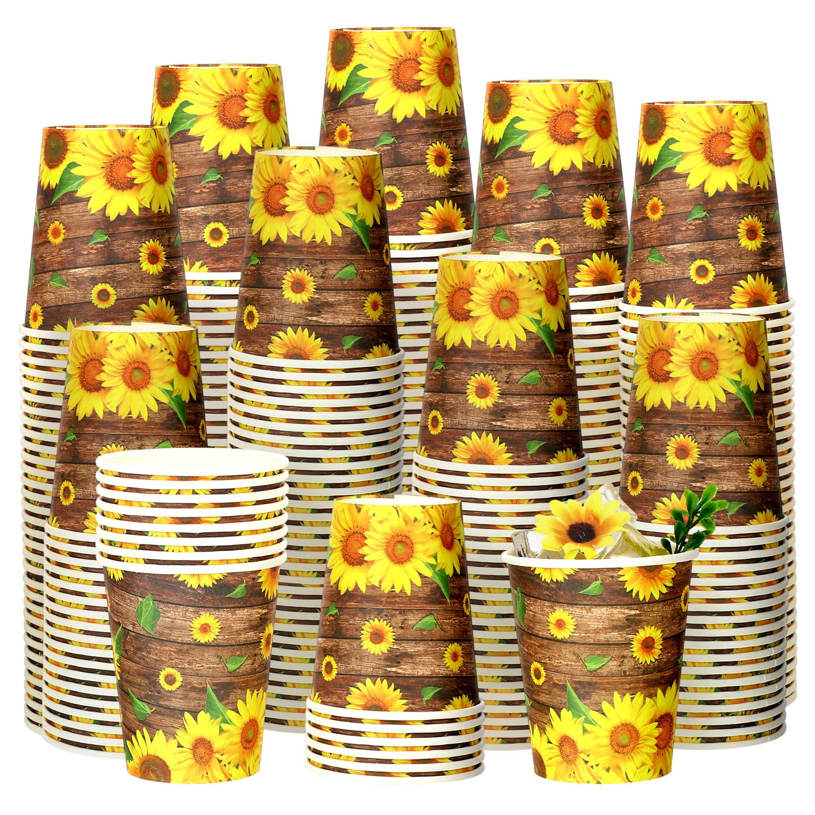Umigy 100 Pcs Paper Sunflower Grain Disposable Cups, 8 oz, Vintage Sunflower Design, Ideal for Birthdays, Picnics, Traveling
